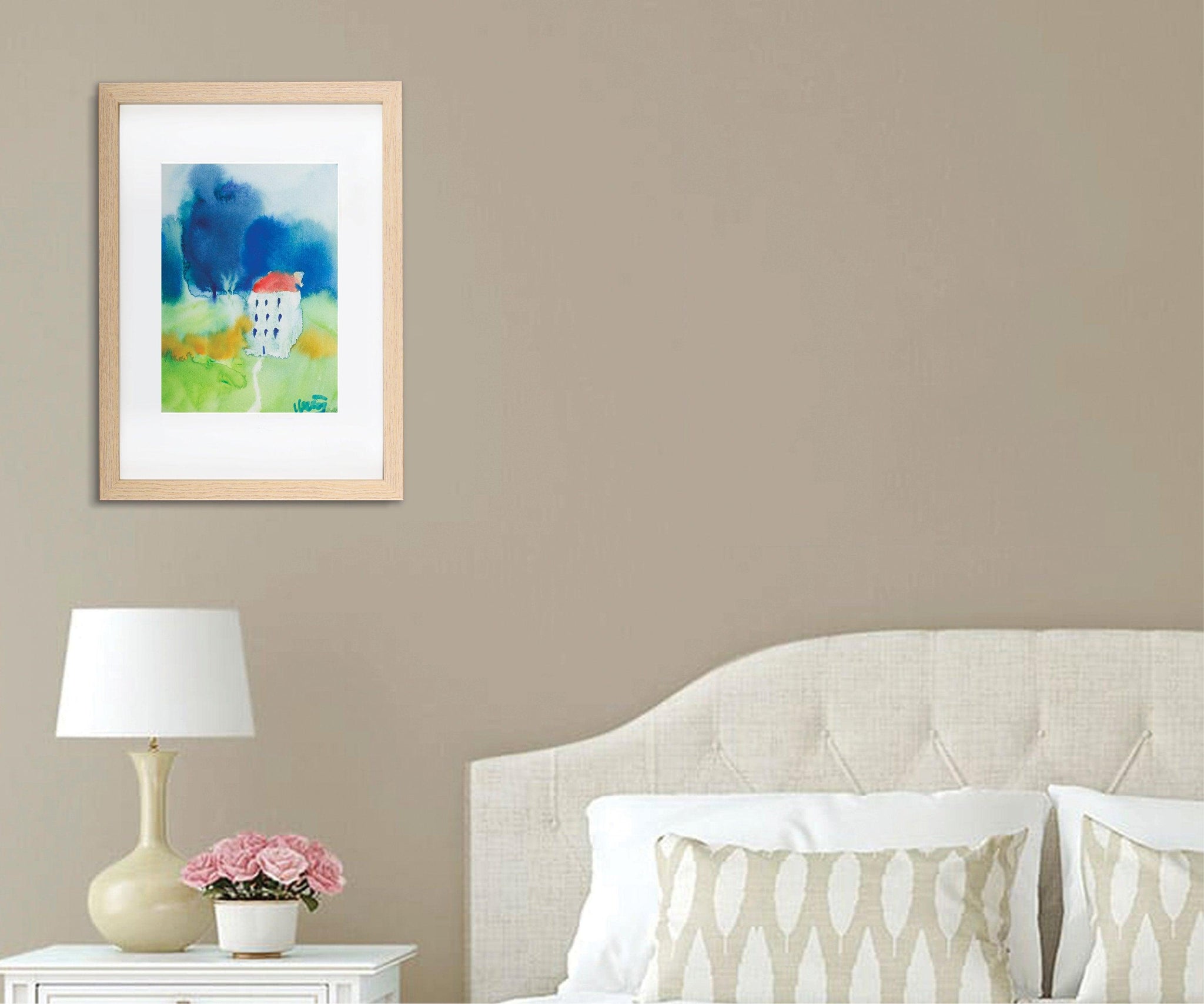 Blue and green house portrait landscape watercolor painting miniature painting above bed decor - camilomattis.com