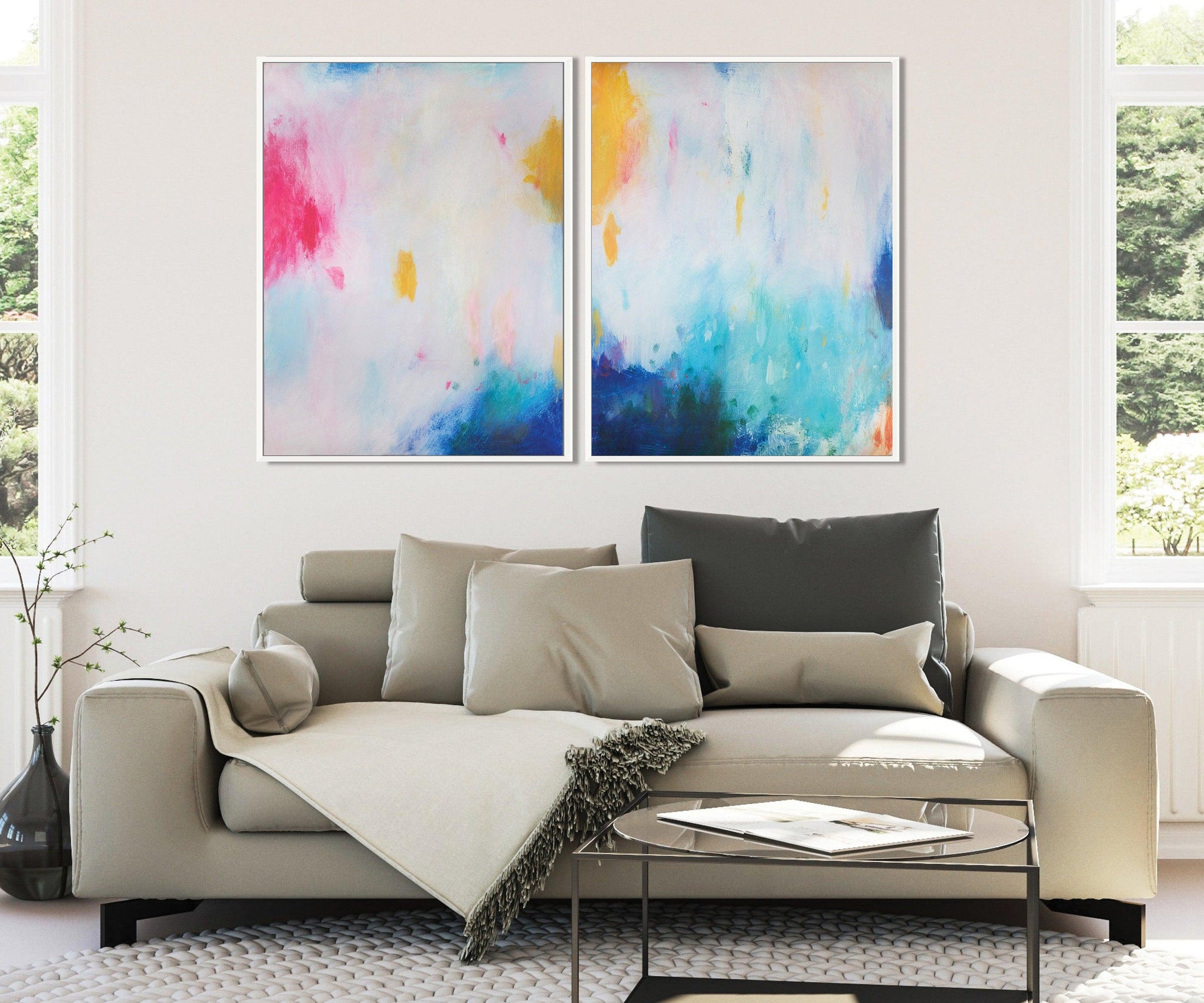 colorful extra large wall art set, Gallery wall set prints, Acrylic Abstract Painting gallery wall prints, blush pink wall art print - camilomattis.com