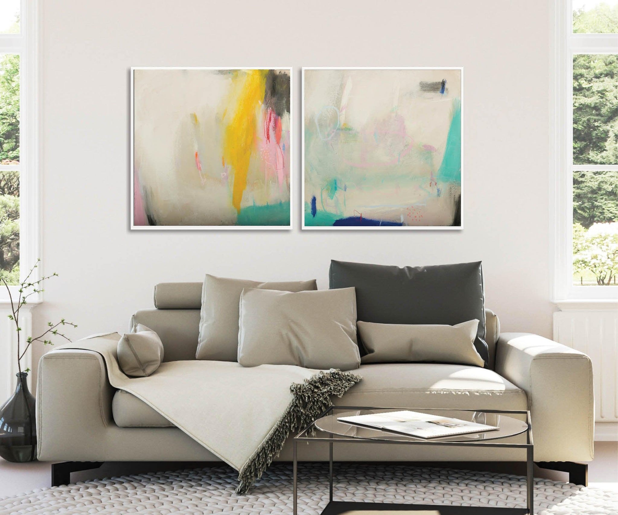 Teal Pink Wall art set, extra large wall art set, original painting wall set, Abstract art wall decor - camilomattis.com