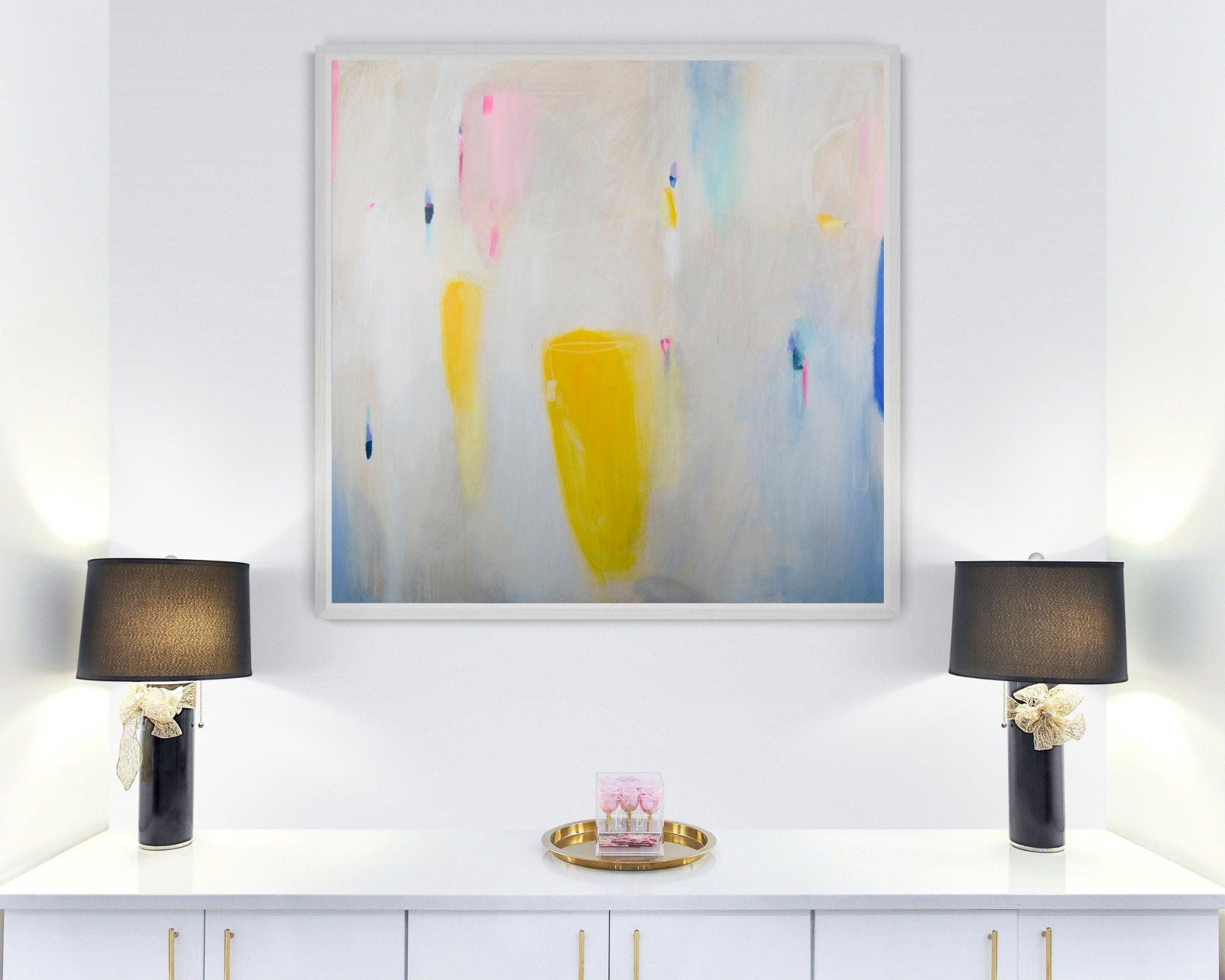 Large wall art large abstract painting print , white pink geometric abstract painting, giclee wall art