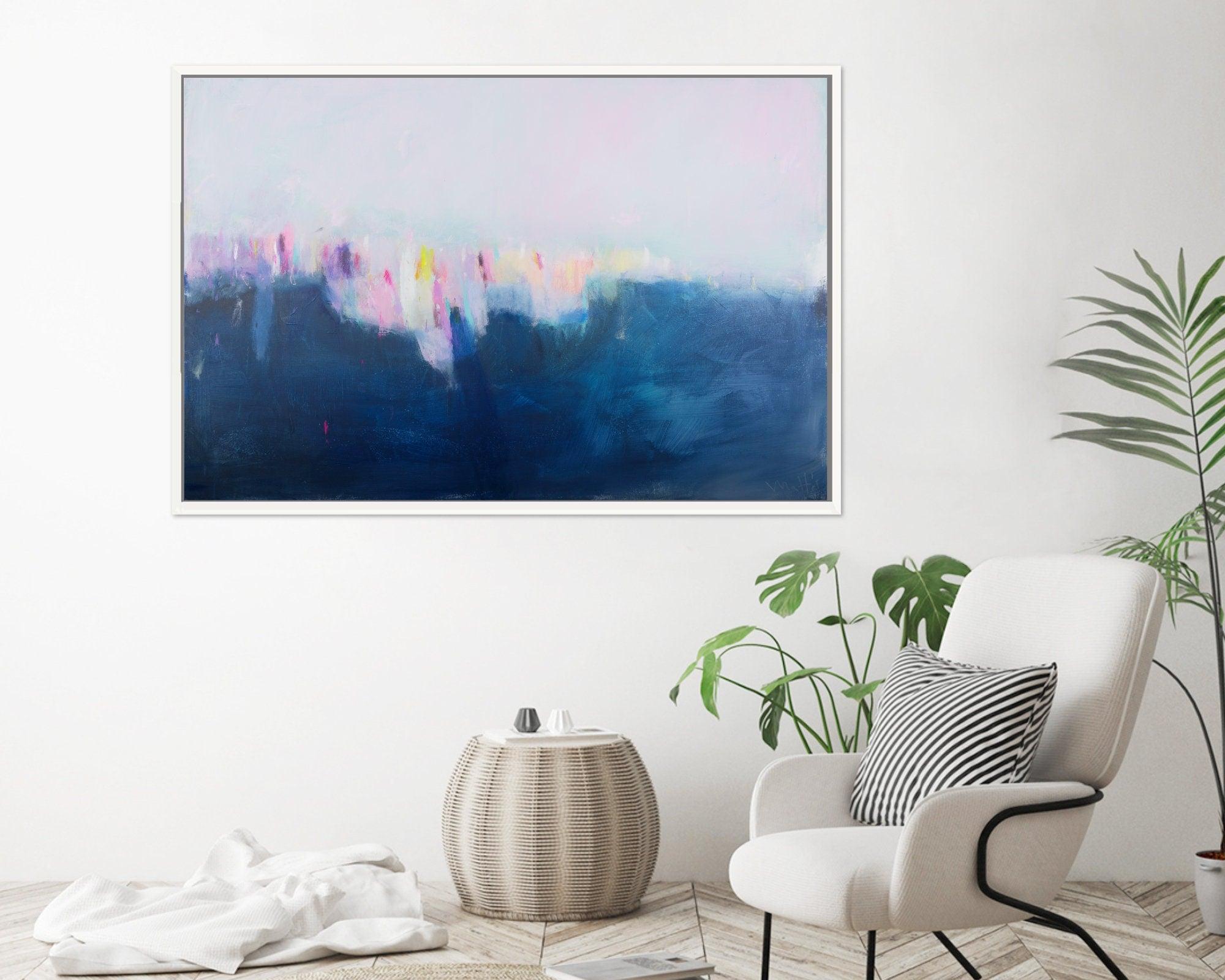 Blue large wall art, abstract landscape painting original, large ocean abstract art, living room wall decor.