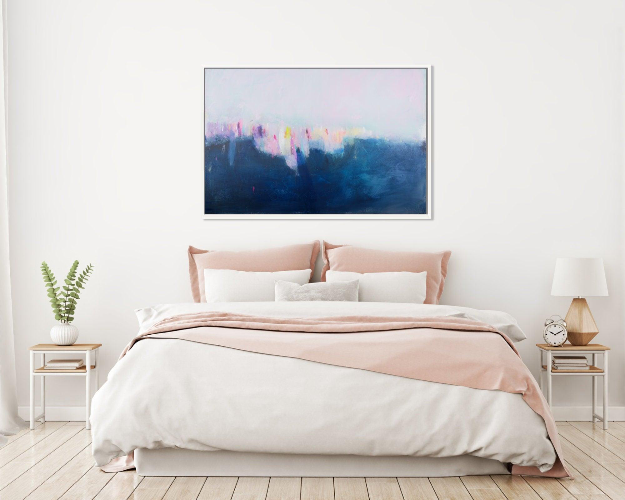 Blue large wall art, abstract landscape painting original, large ocean abstract art, living room wall decor.