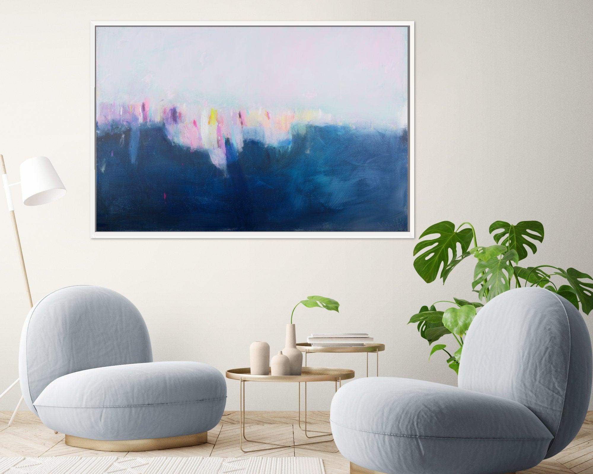 Blue large wall art, abstract landscape painting original, large ocean abstract art, living room wall decor.