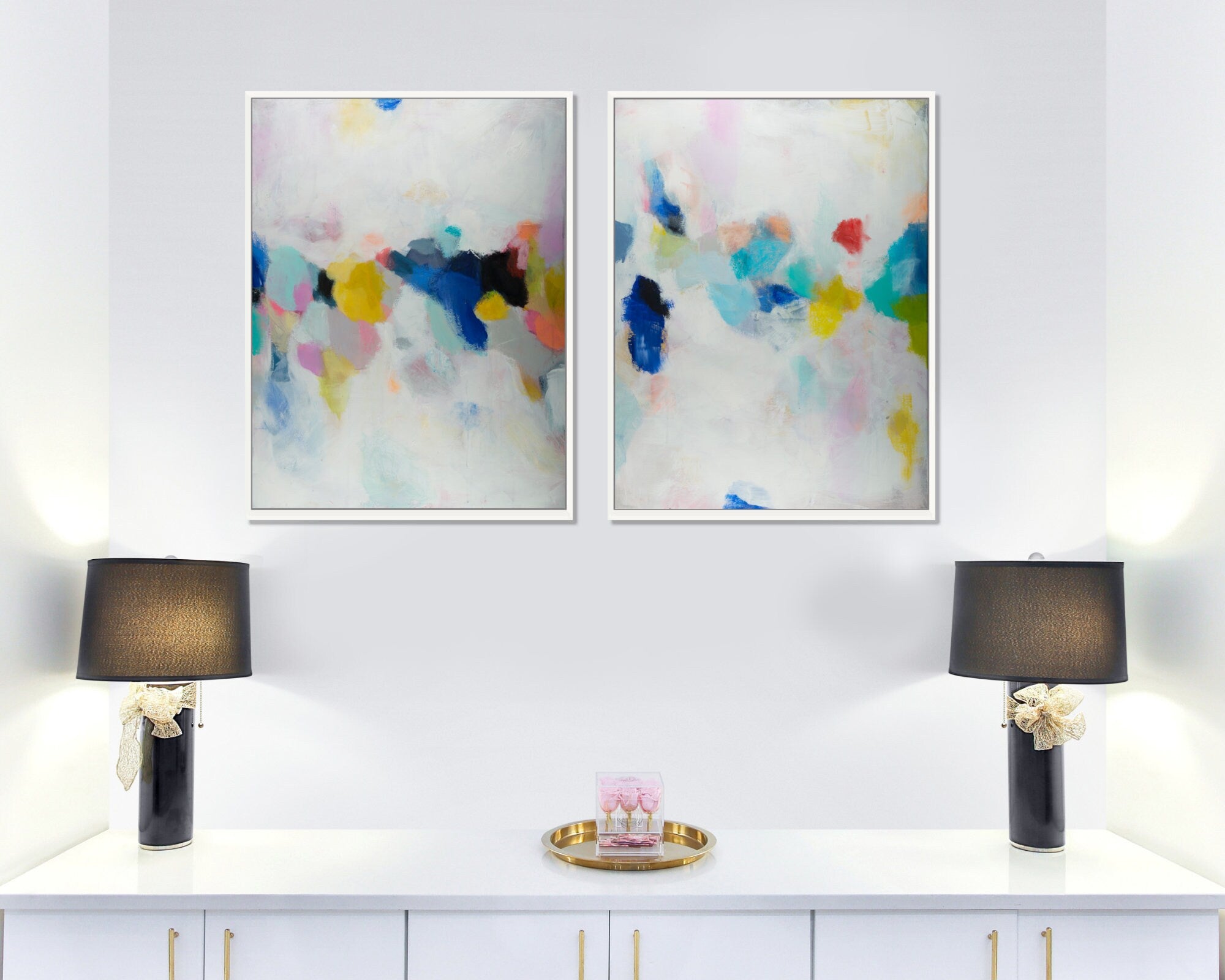 Set of Two Canvas, Large Wall Art Print, Abstract Painting, Floater Frame,  Oversized Living Room Home Decor, Geometric Pink White Painting 