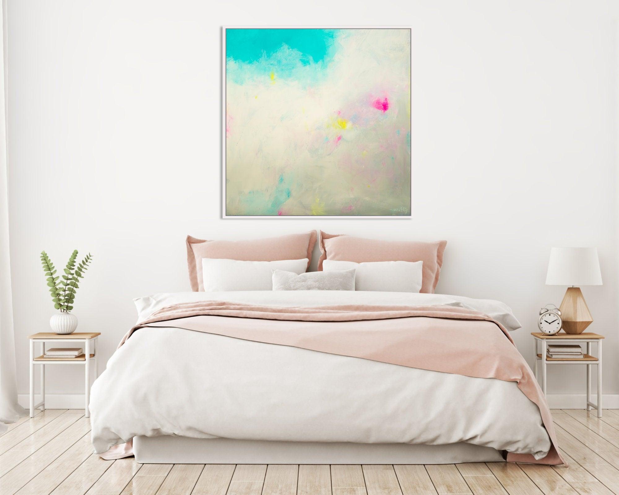 bright gallery large abstract painting, Abstract teal aqua blue wall art print, large original colorful art work