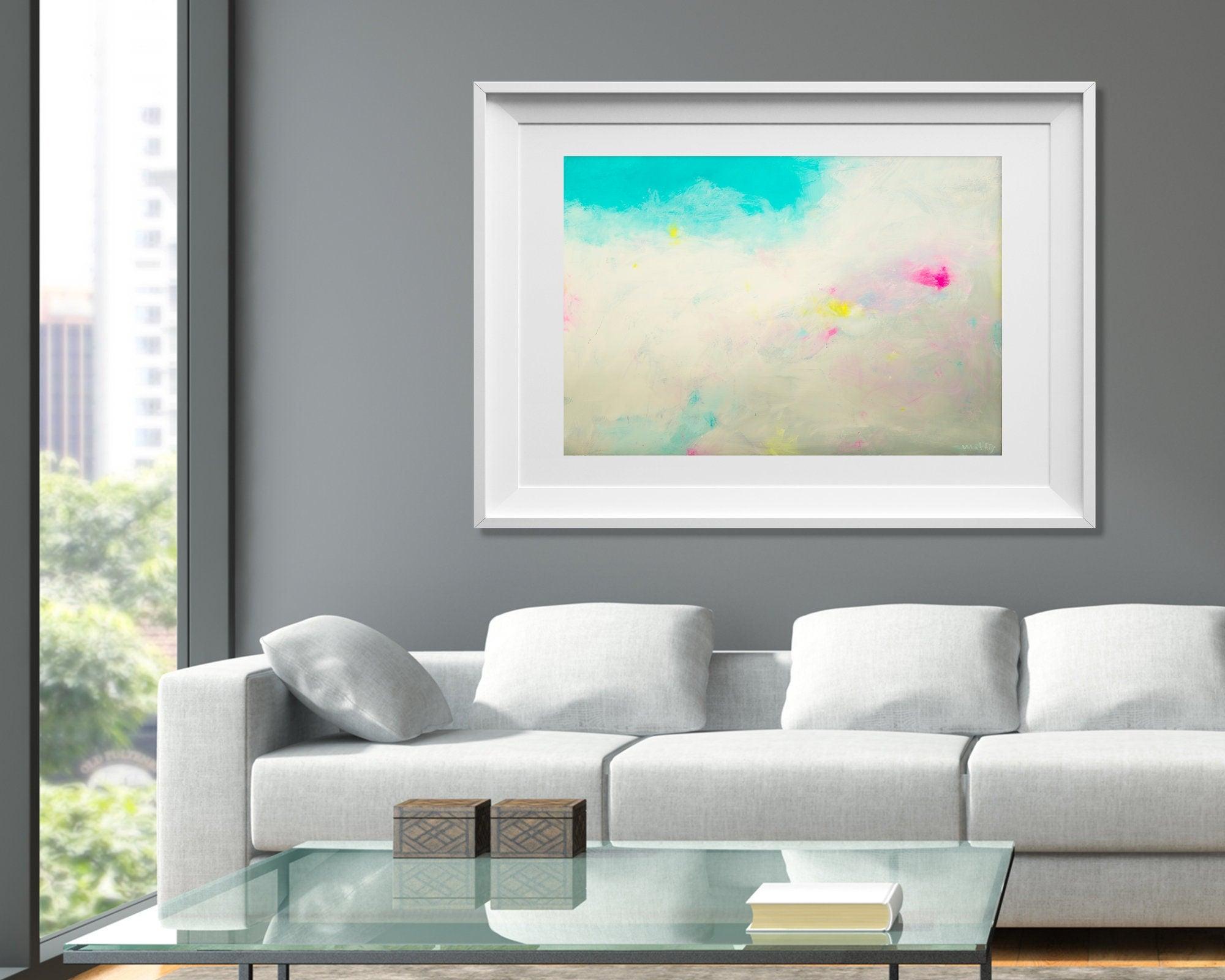bright gallery large abstract painting, Abstract teal aqua blue wall art print, large original colorful art work