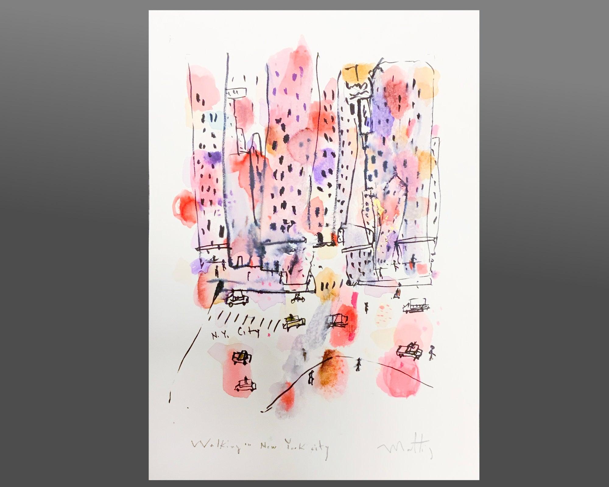 nyc wall art colorful watercolor painting, A3, original livingroom decor