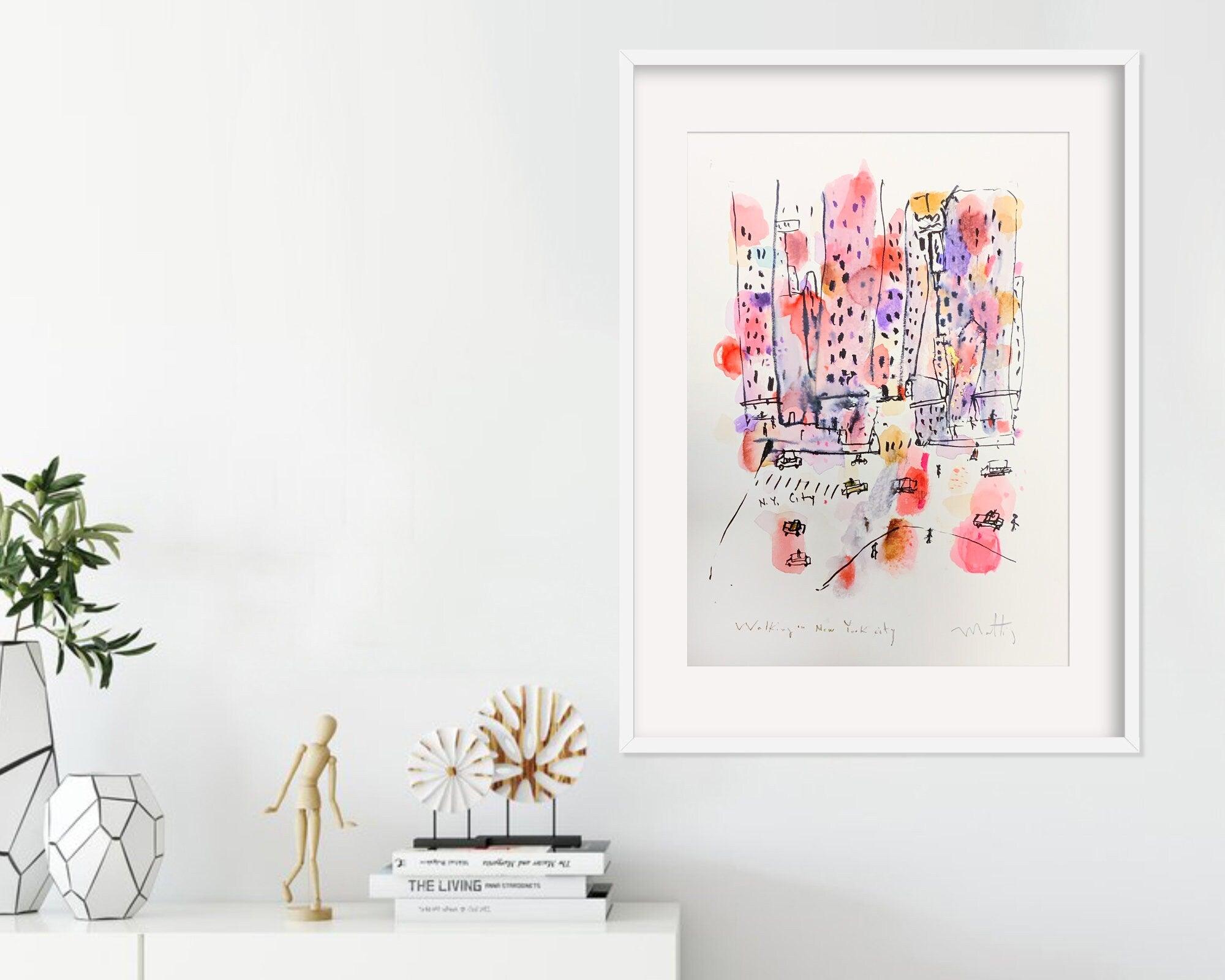 nyc wall art colorful watercolor painting, A3, original livingroom decor