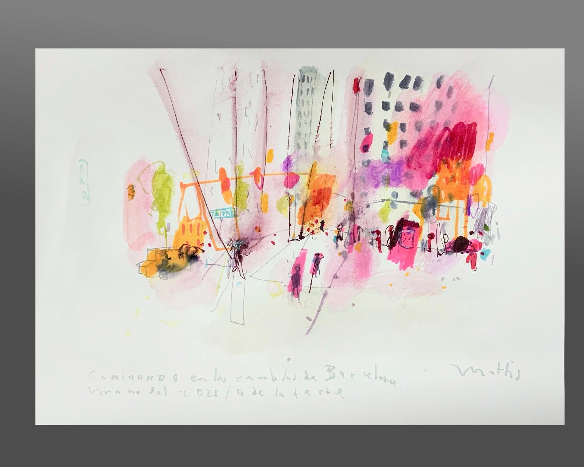 Las Ramblas Barcelona original colorful watercolor painting, small abstract painting bright colors