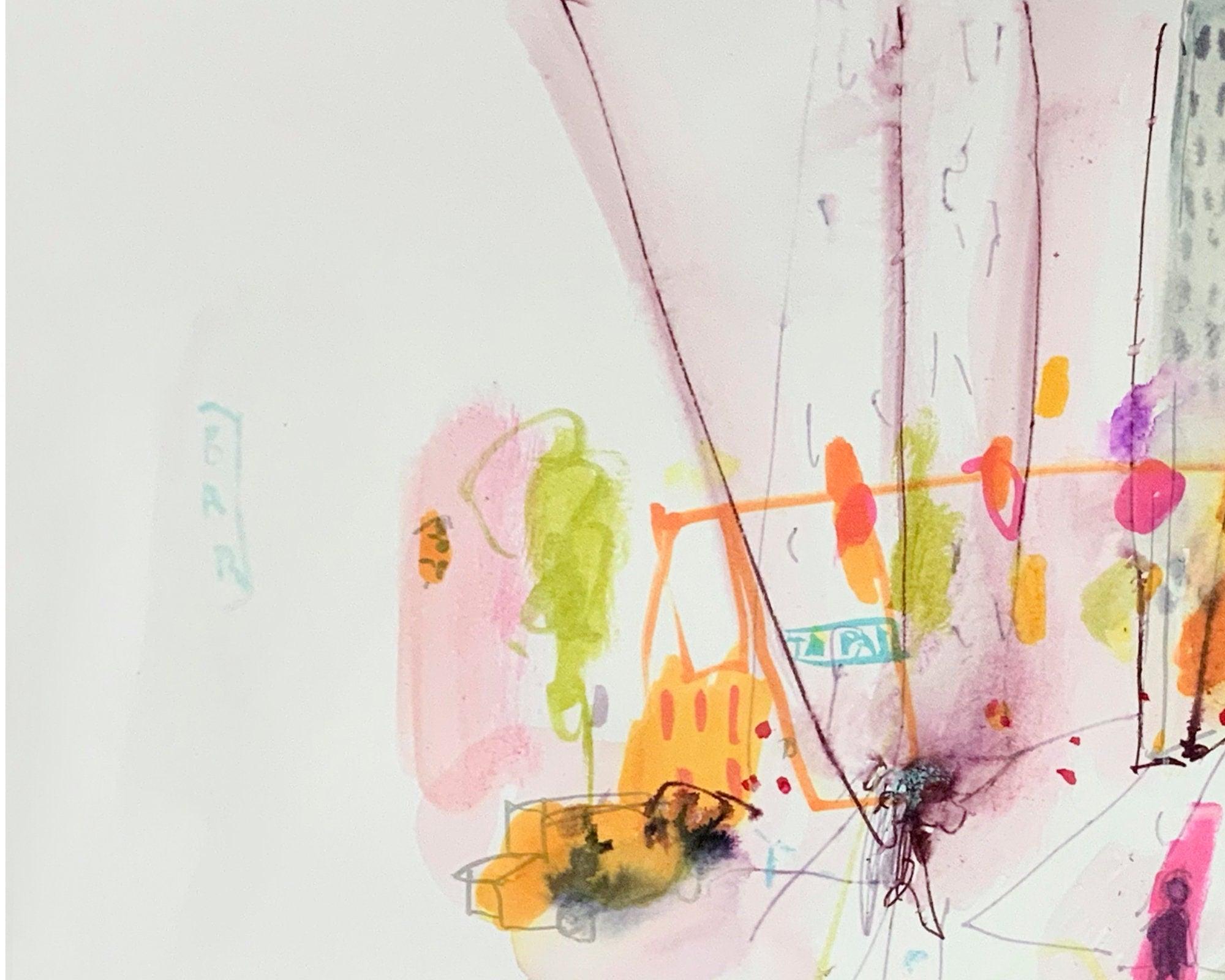 Las Ramblas Barcelona original colorful watercolor painting, small abstract painting bright colors