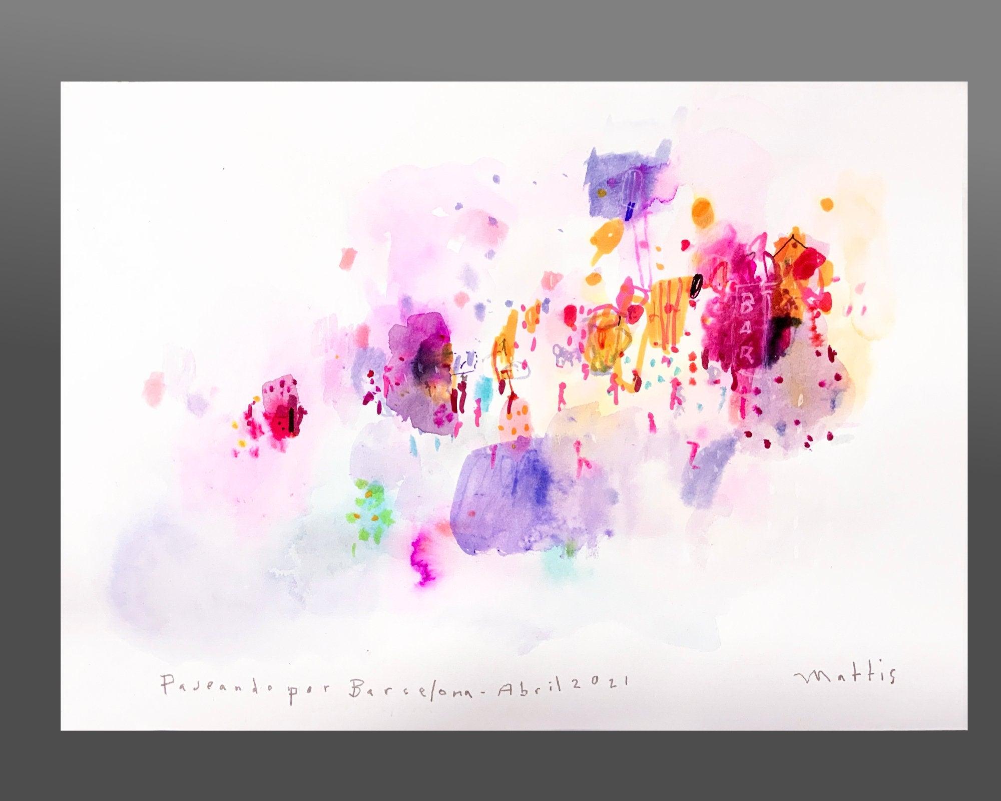 Barcelona original colorful watercolor painting, A3, original livingroom wall art