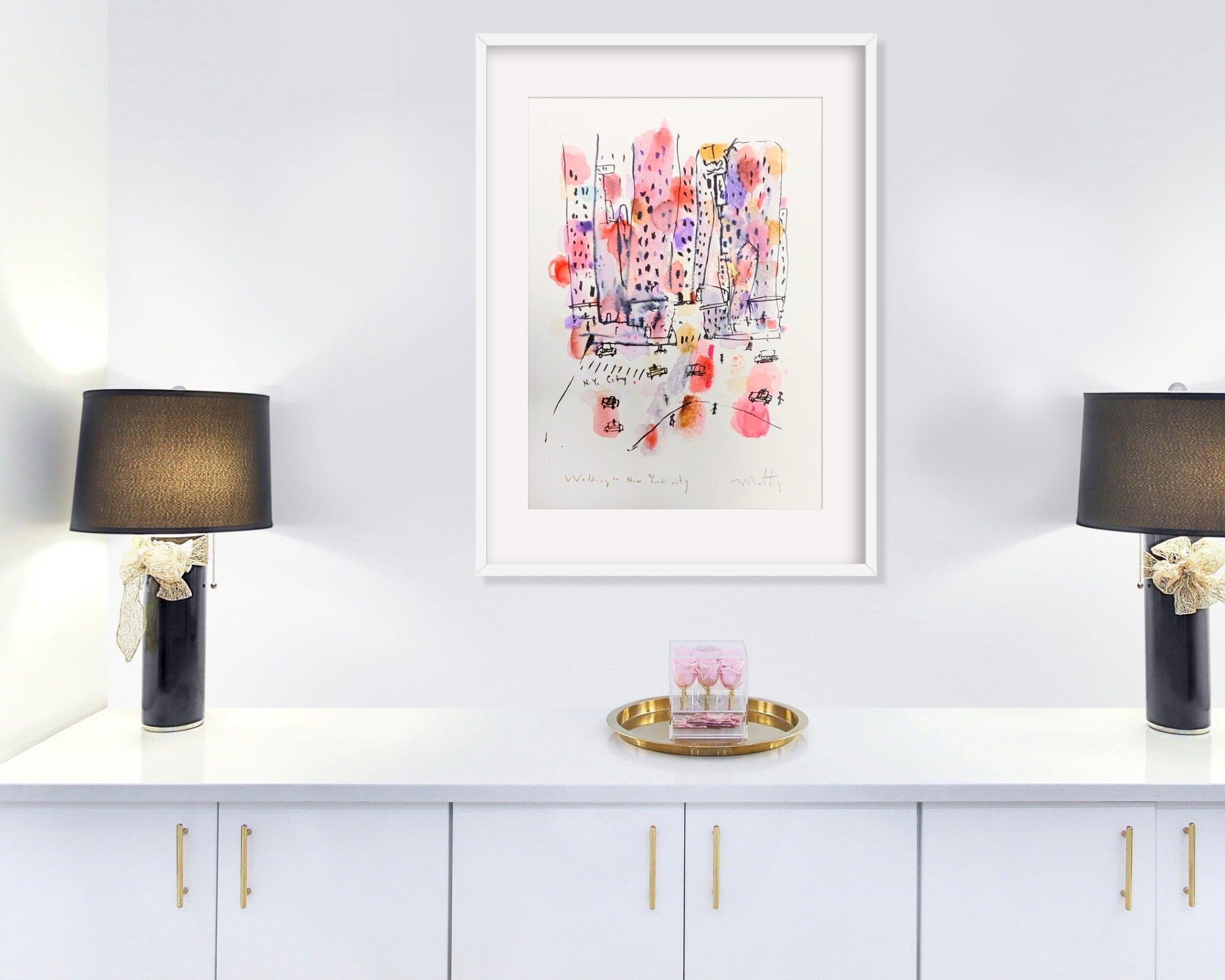 nyc wall art colorful watercolor painting, A3, original livingroom decor
