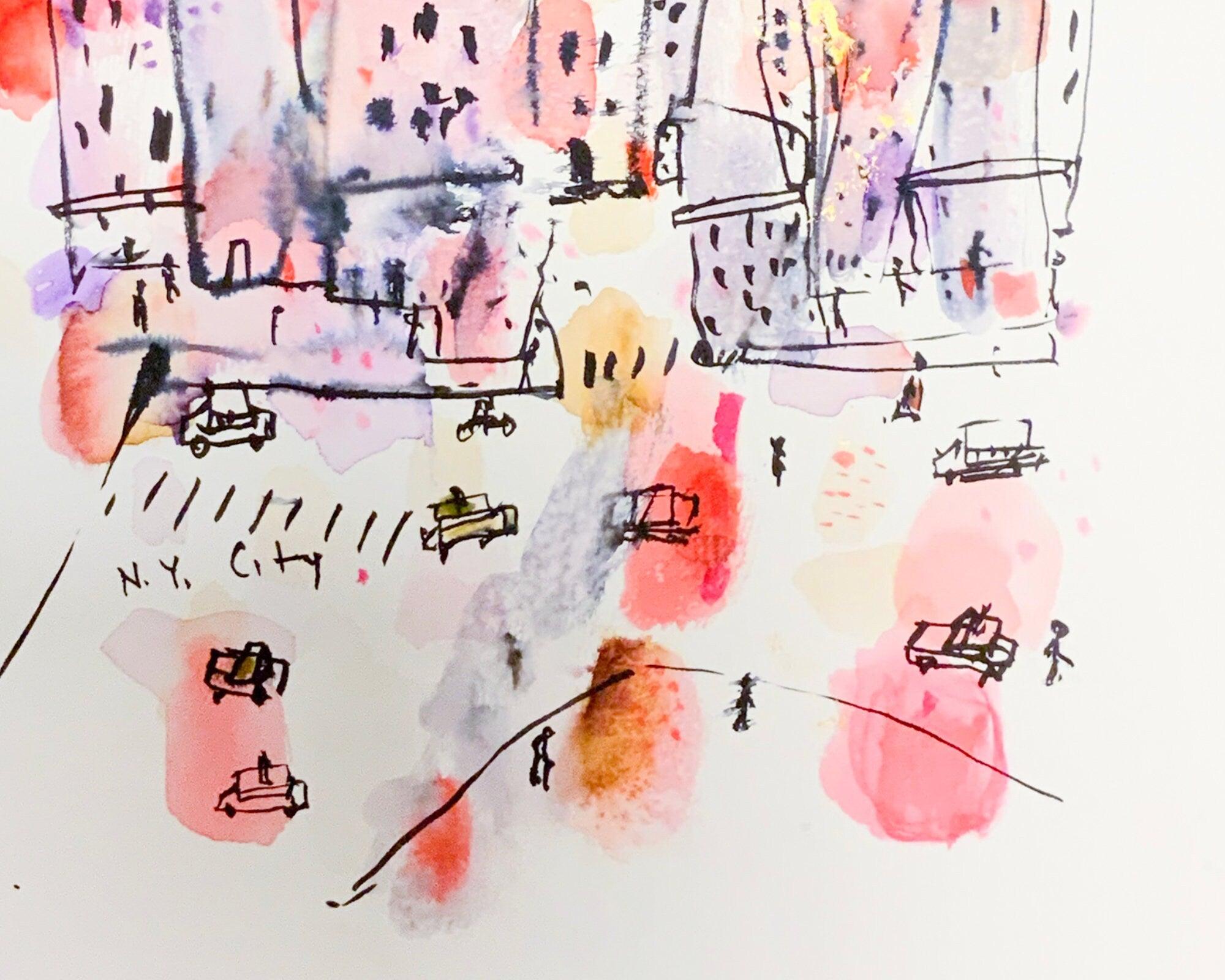 nyc wall art colorful watercolor painting, A3, original livingroom decor