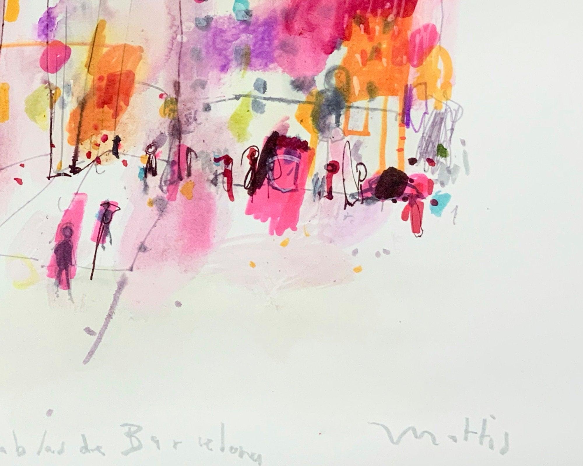 Las Ramblas Barcelona original colorful watercolor painting, small abstract painting bright colors