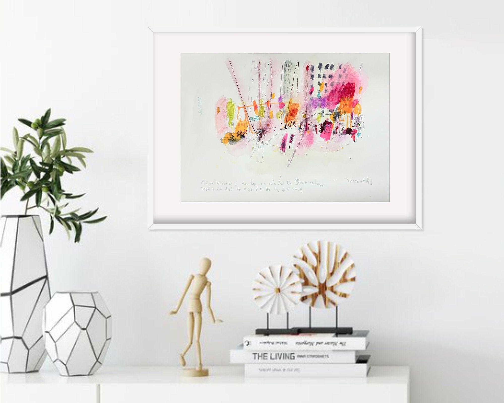 Las Ramblas Barcelona original colorful watercolor painting, small abstract painting bright colors