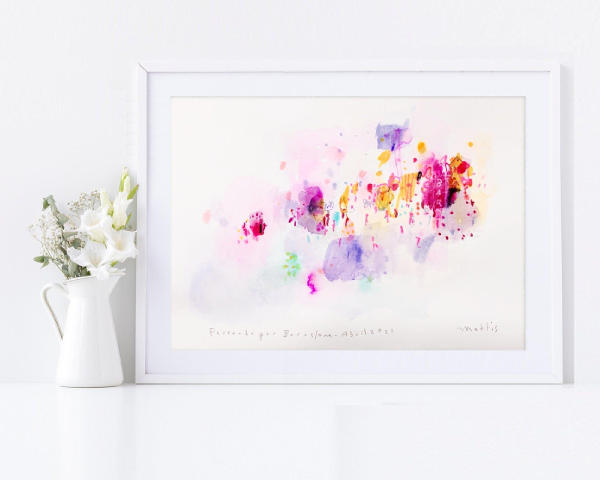 Las Ramblas Barcelona original colorful watercolor painting, small abstract painting bright colors