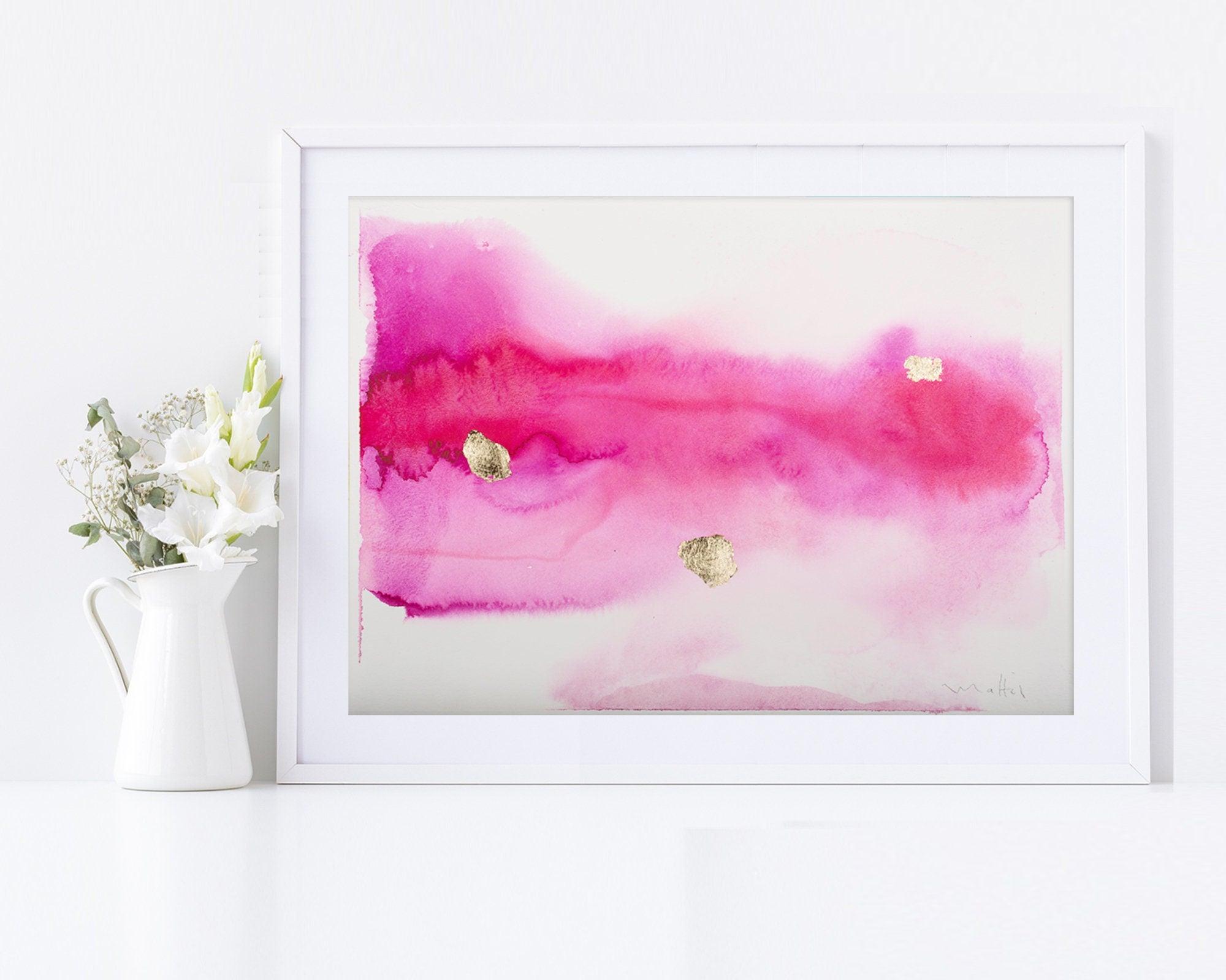 pink wall abstract art watercolor original painting with Gold leaf, A3, 12x16