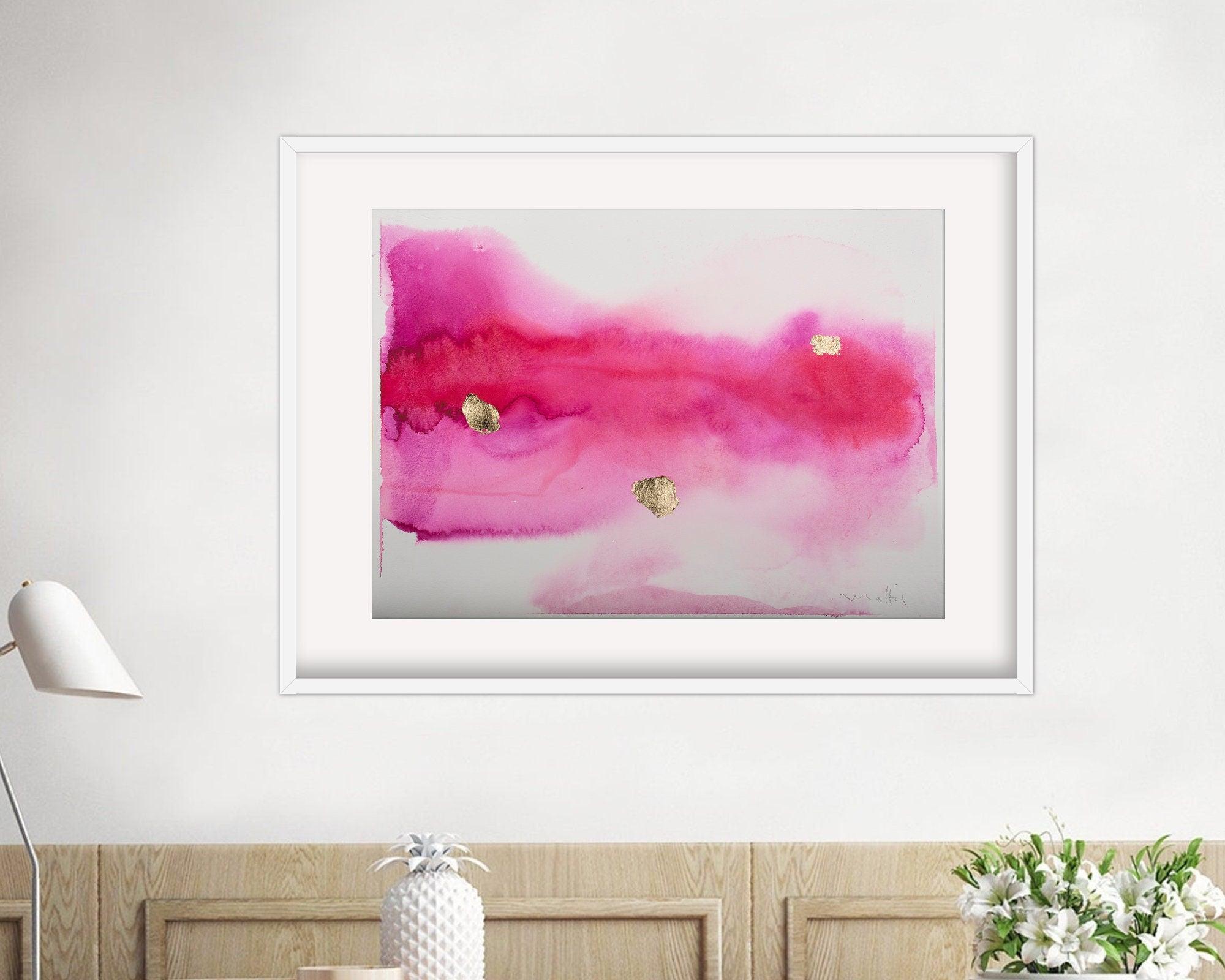 pink wall abstract art watercolor original painting with Gold leaf, A3, 12x16