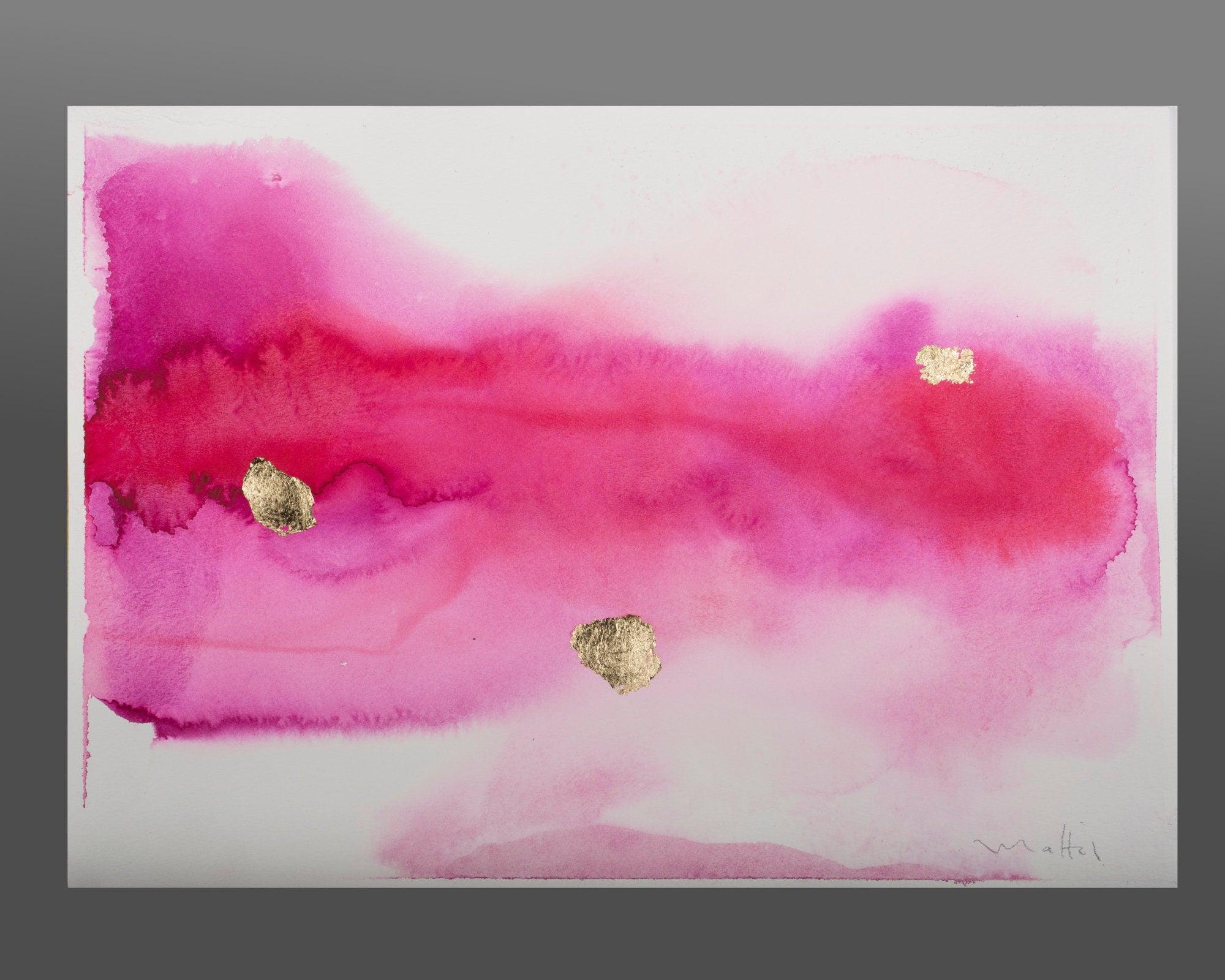pink wall abstract art watercolor original painting with Gold leaf, A3, 12x16