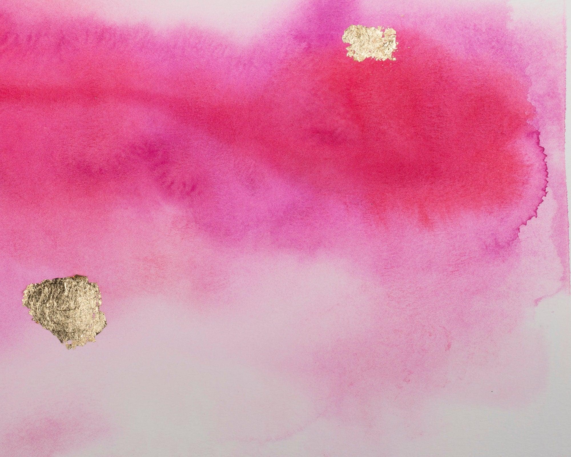 pink wall abstract art watercolor original painting with Gold leaf, A3, 12x16