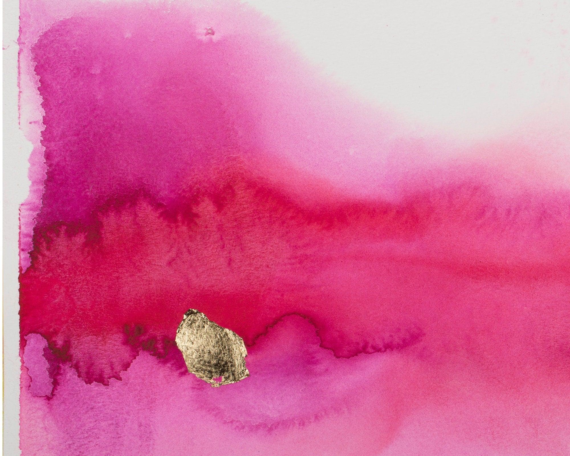 pink wall abstract art watercolor original painting with Gold leaf, A3, 12x16