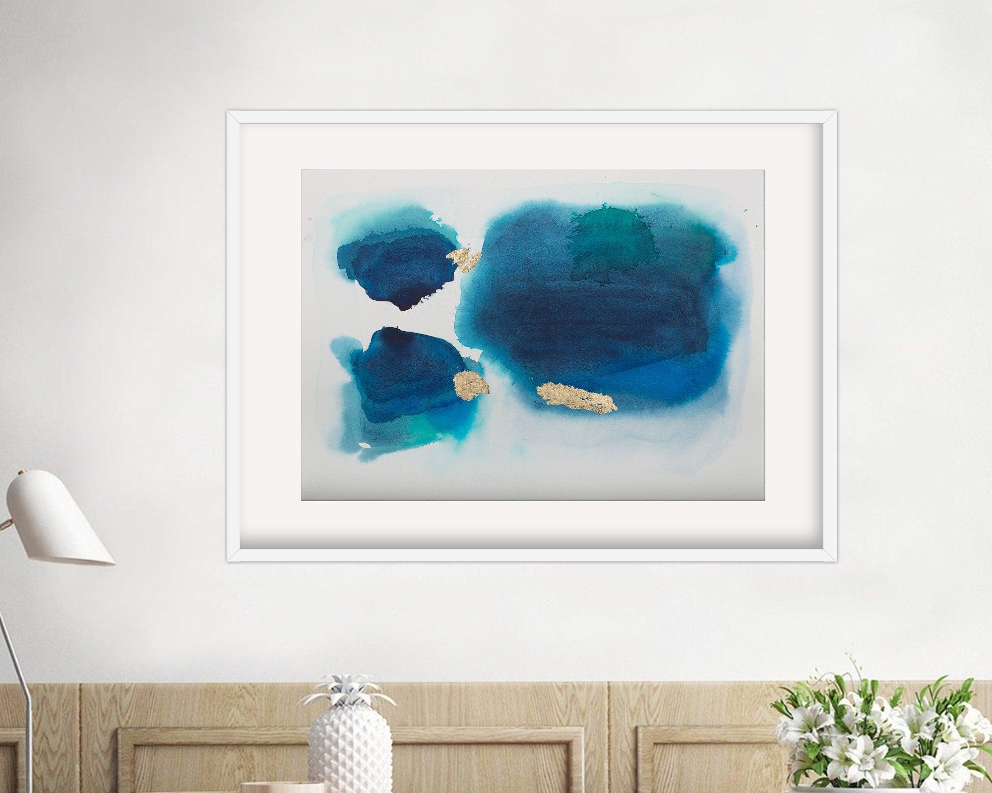 Boho wallpaper original navy blue watercolor, Neutral and simple living room decor gold leaf painting