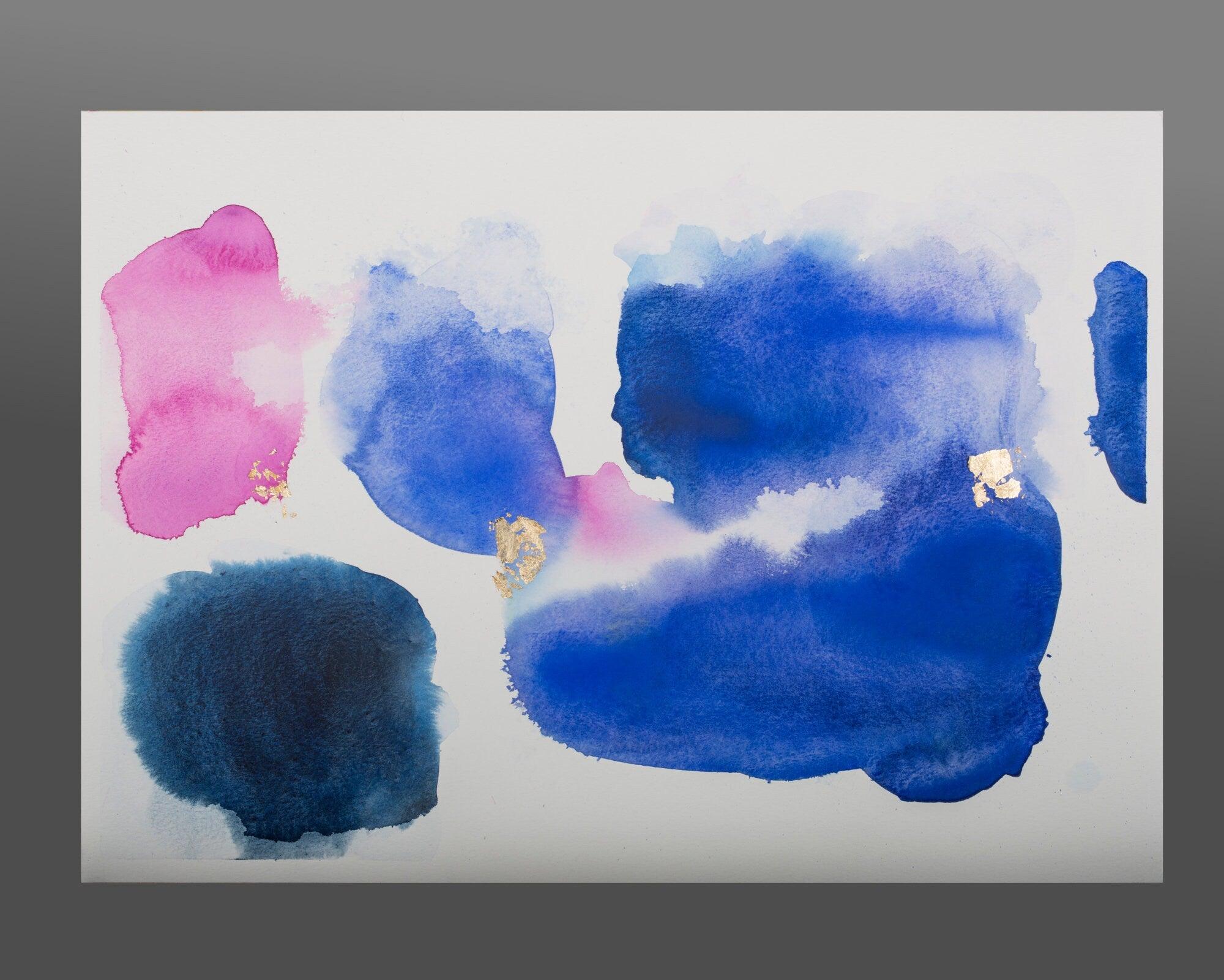 Blue and Pink abstract watercolor original painting, Gold minimalist wall art, A3