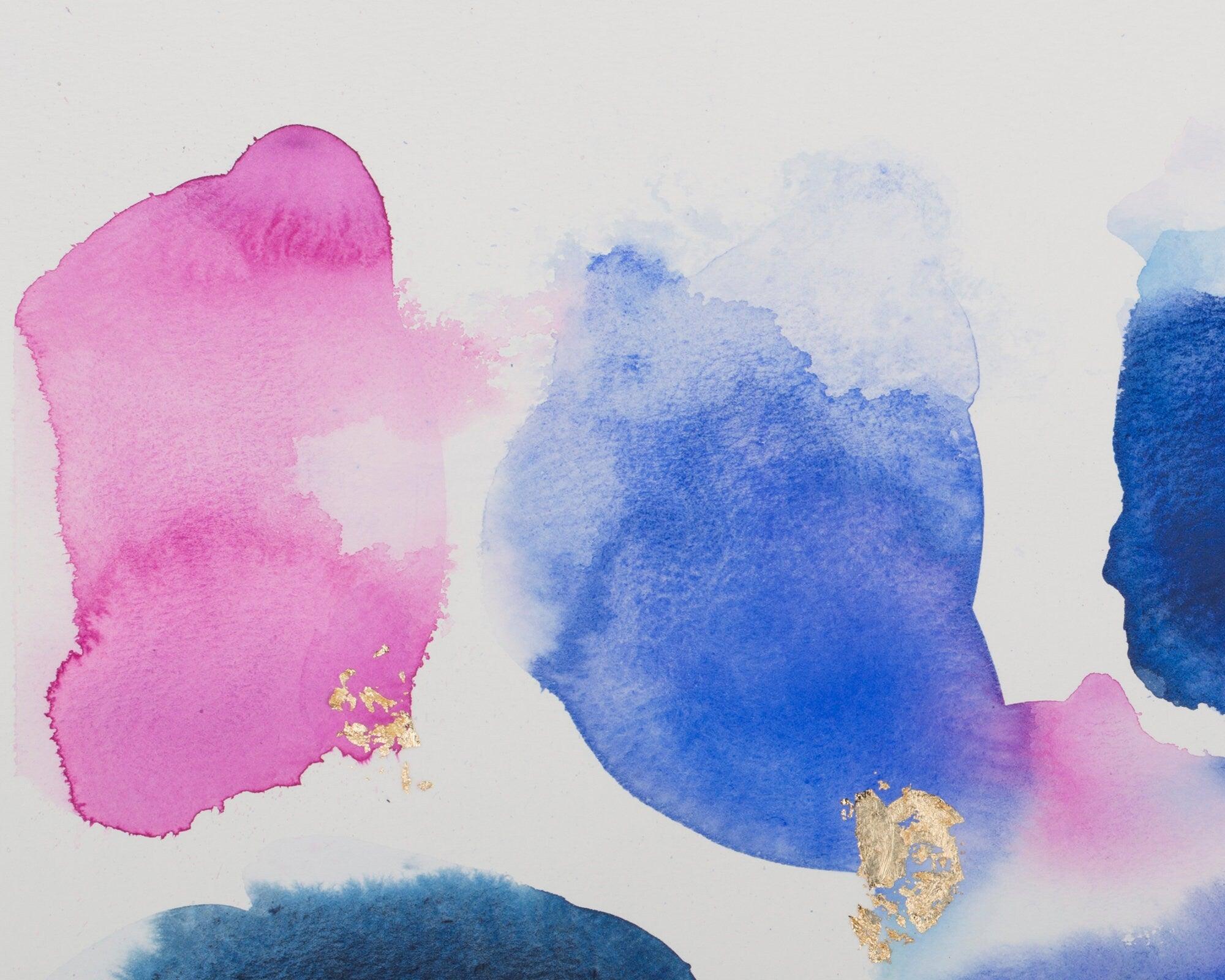 Blue and Pink abstract watercolor original painting, Gold minimalist wall art, A3