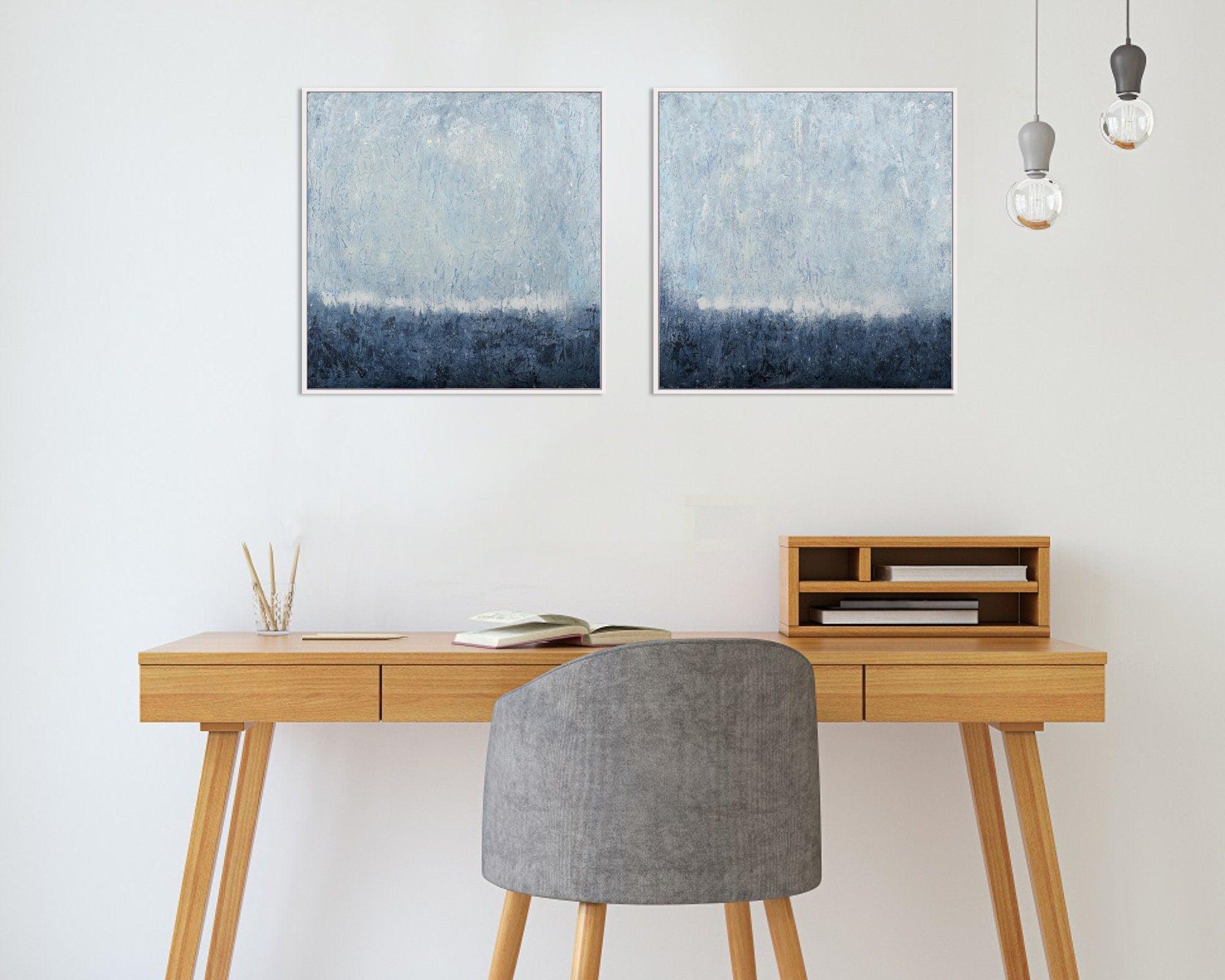 Dark Blue and grey gallery abstract wall art two piece set, textured painting Rothko inspired paintings