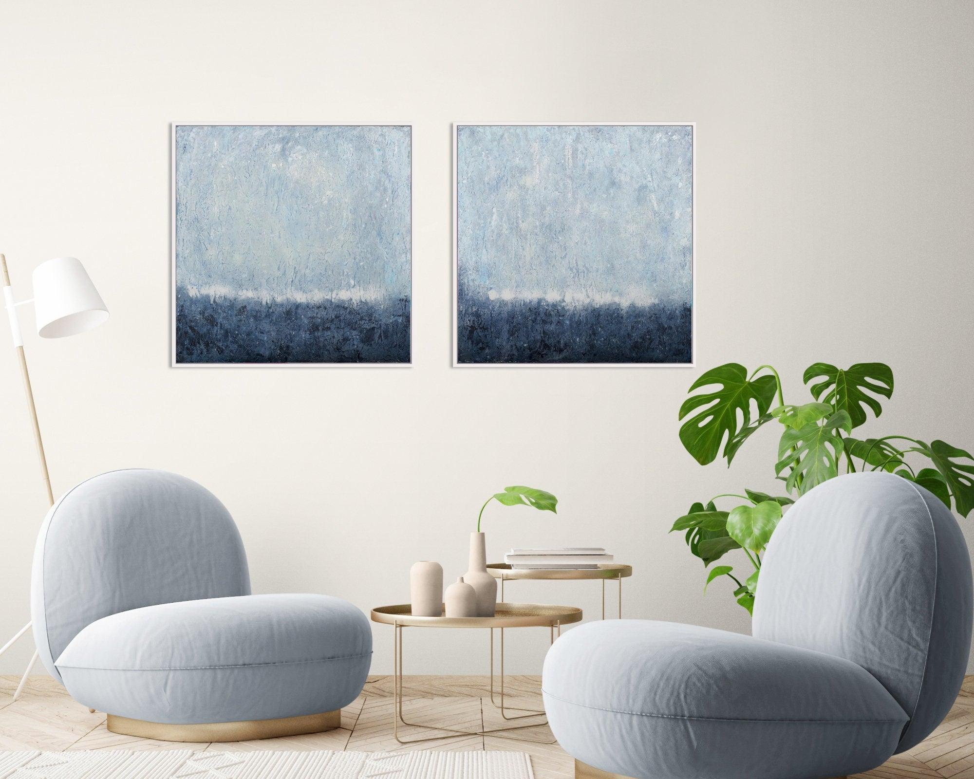 Dark Blue and grey gallery abstract wall art two piece set, textured painting Rothko inspired paintings