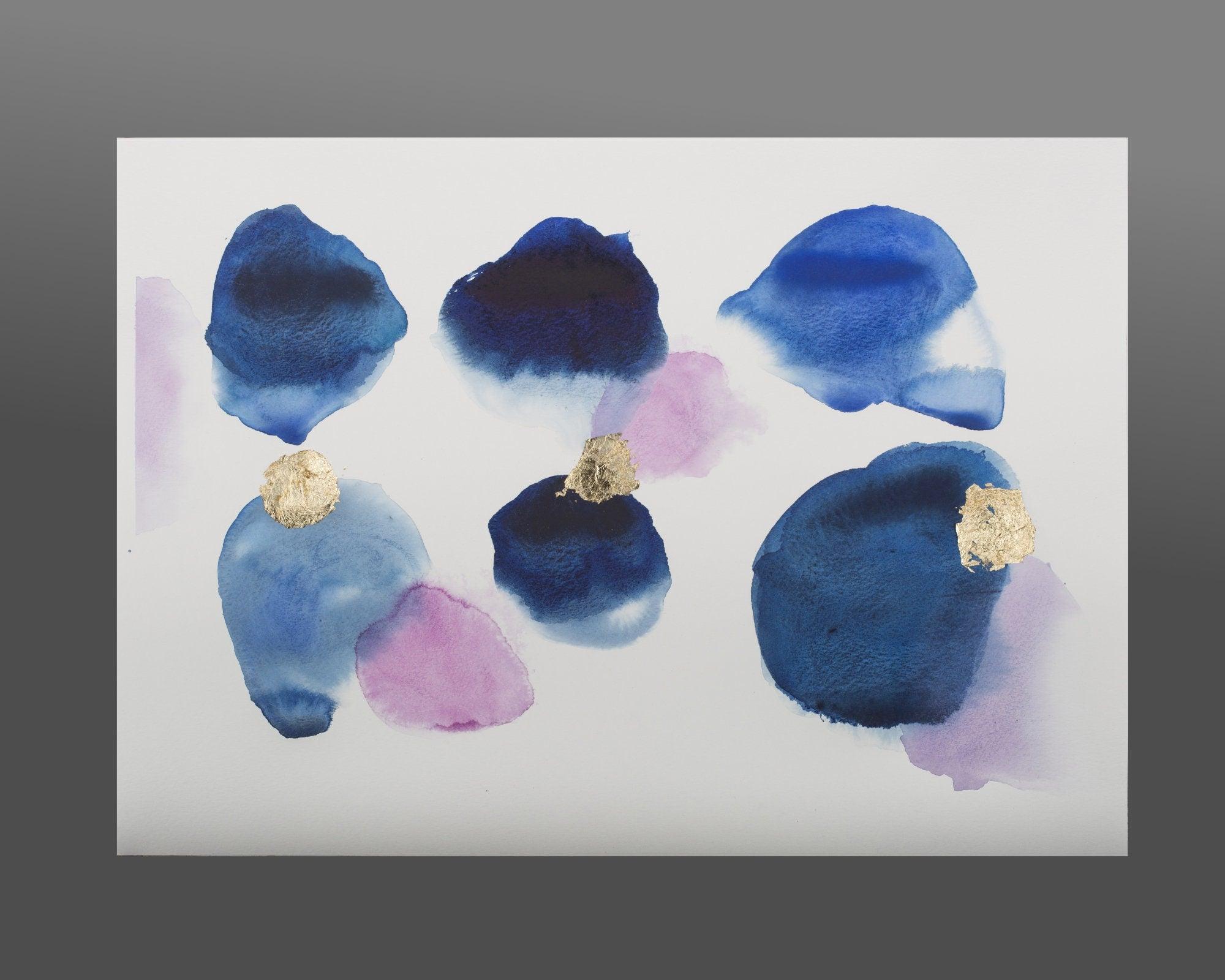 Deep indigo blue with gold leaf  original wall art watercolor painting, beautiful abstract decor painting