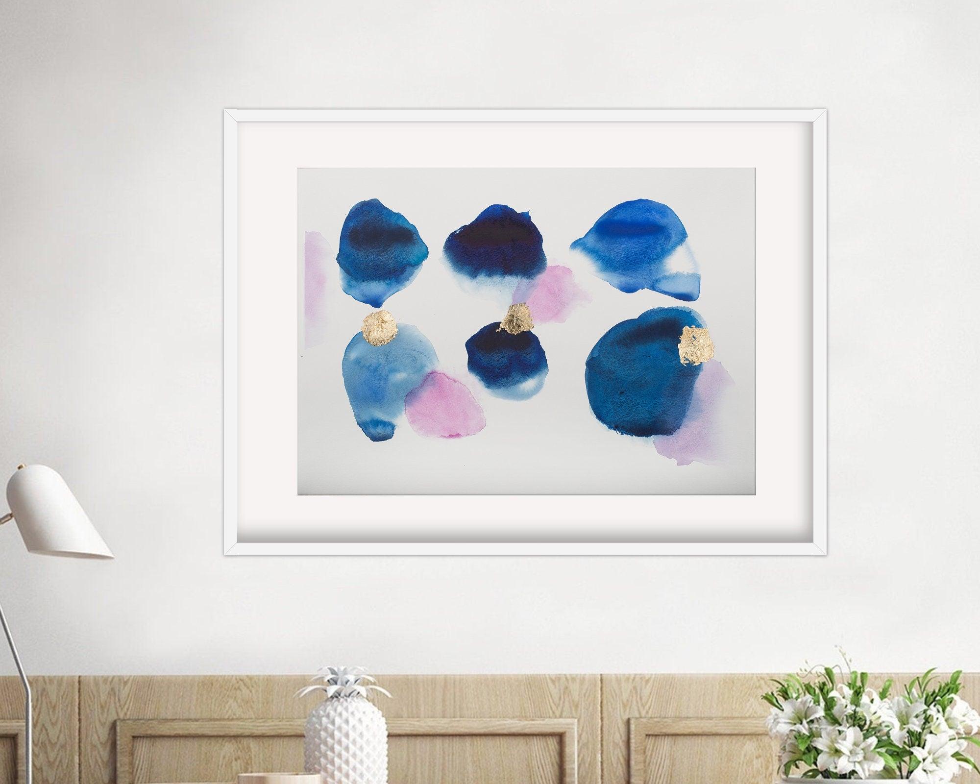 Deep indigo blue with gold leaf  original wall art watercolor painting, beautiful abstract decor painting