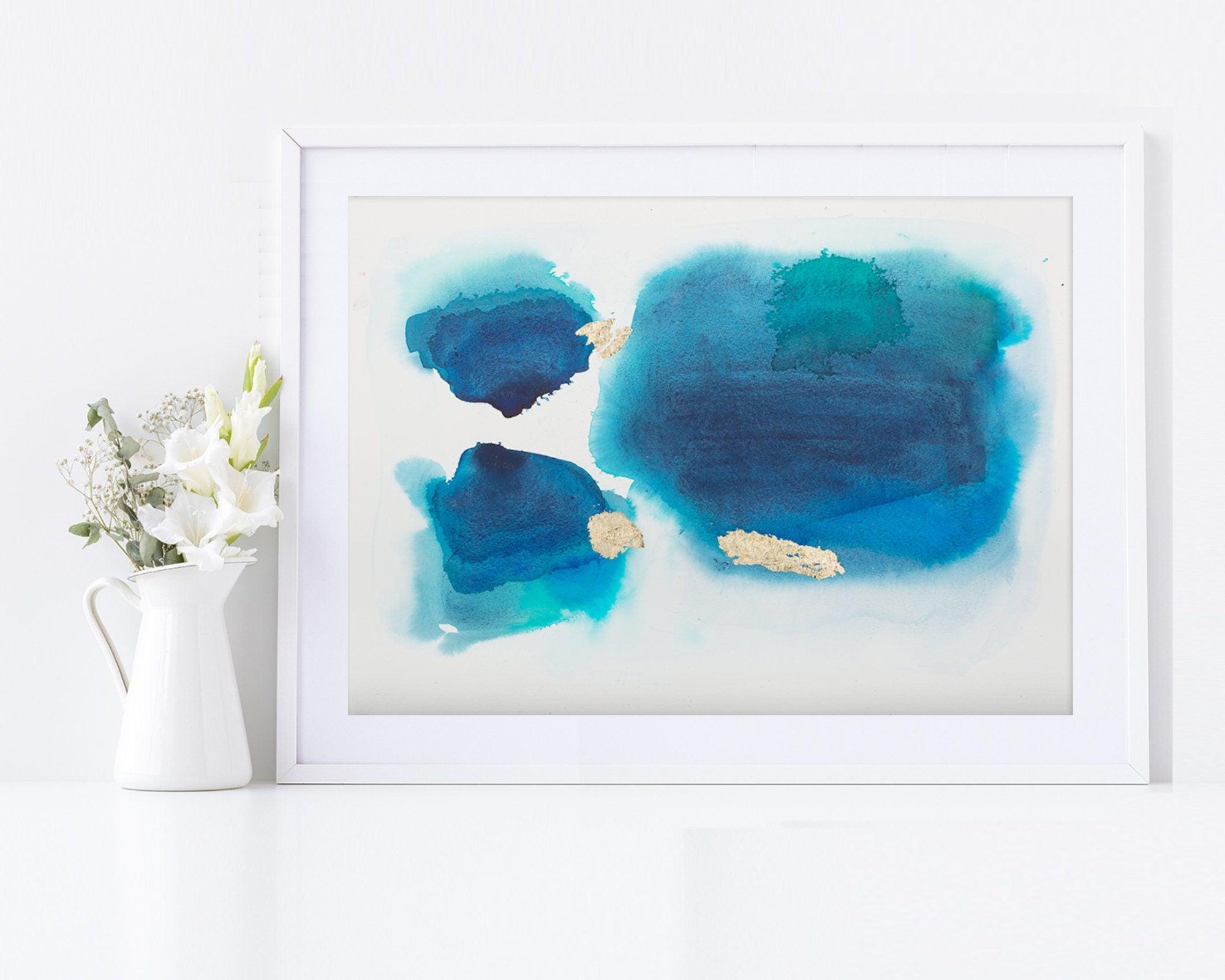 Boho wallpaper original navy blue watercolor, Neutral and simple living room decor gold leaf painting