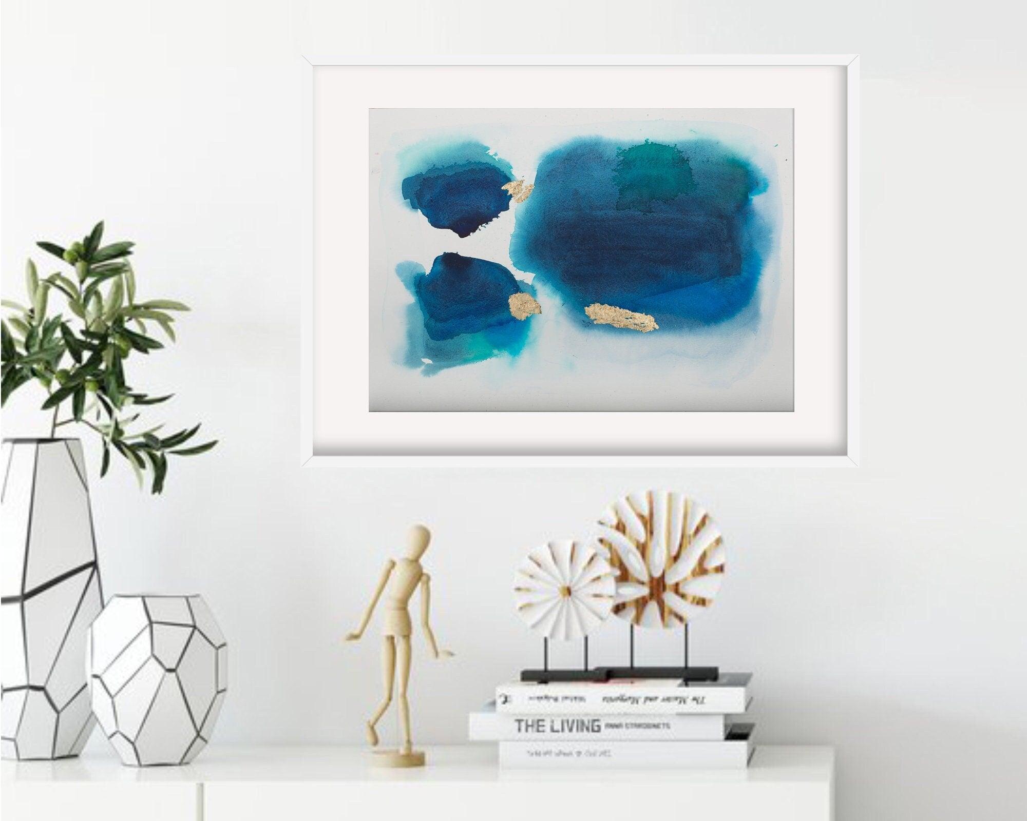 Boho wallpaper original navy blue watercolor, Neutral and simple living room decor gold leaf painting