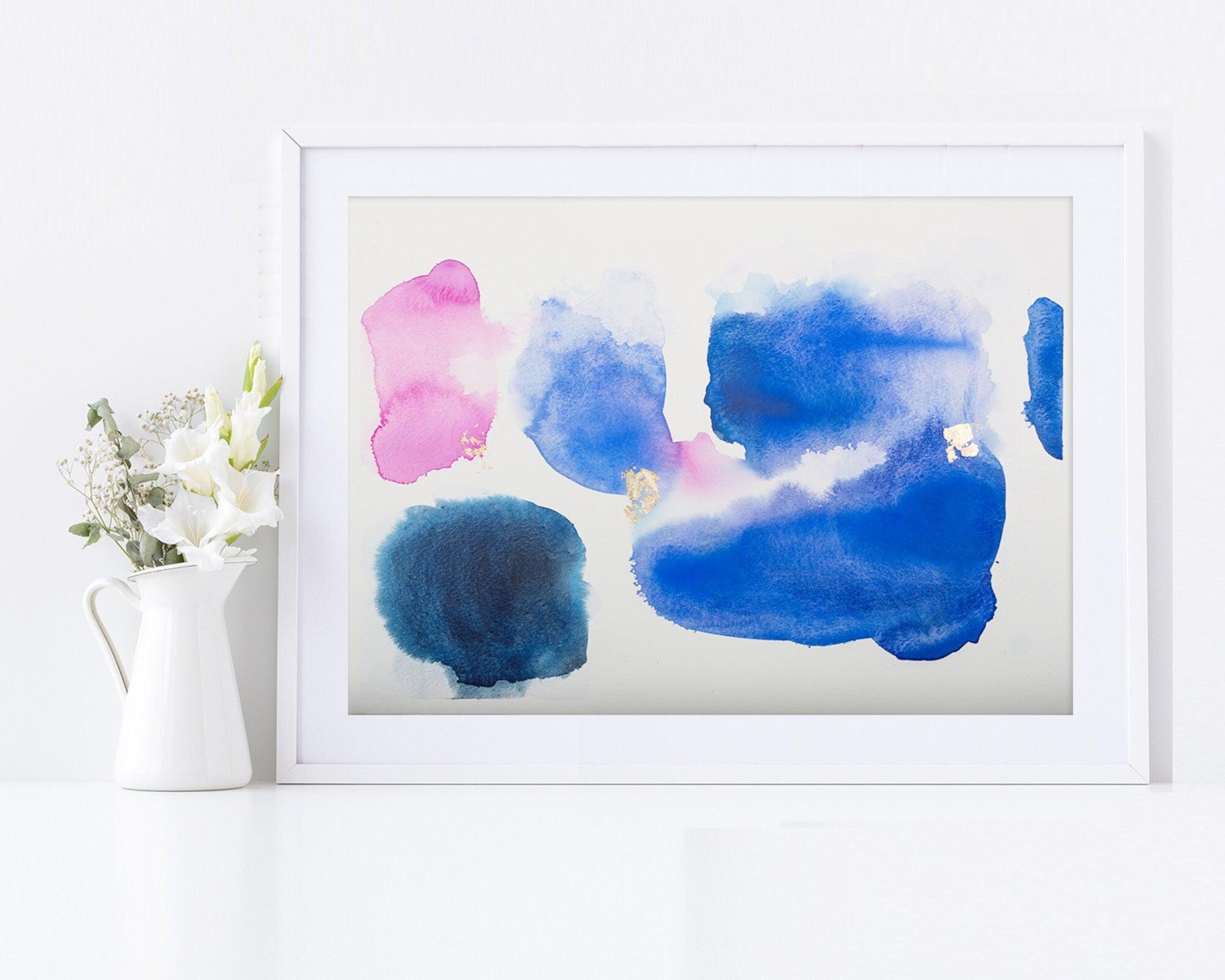 Blue and Pink abstract watercolor original painting, Gold minimalist wall art, A3
