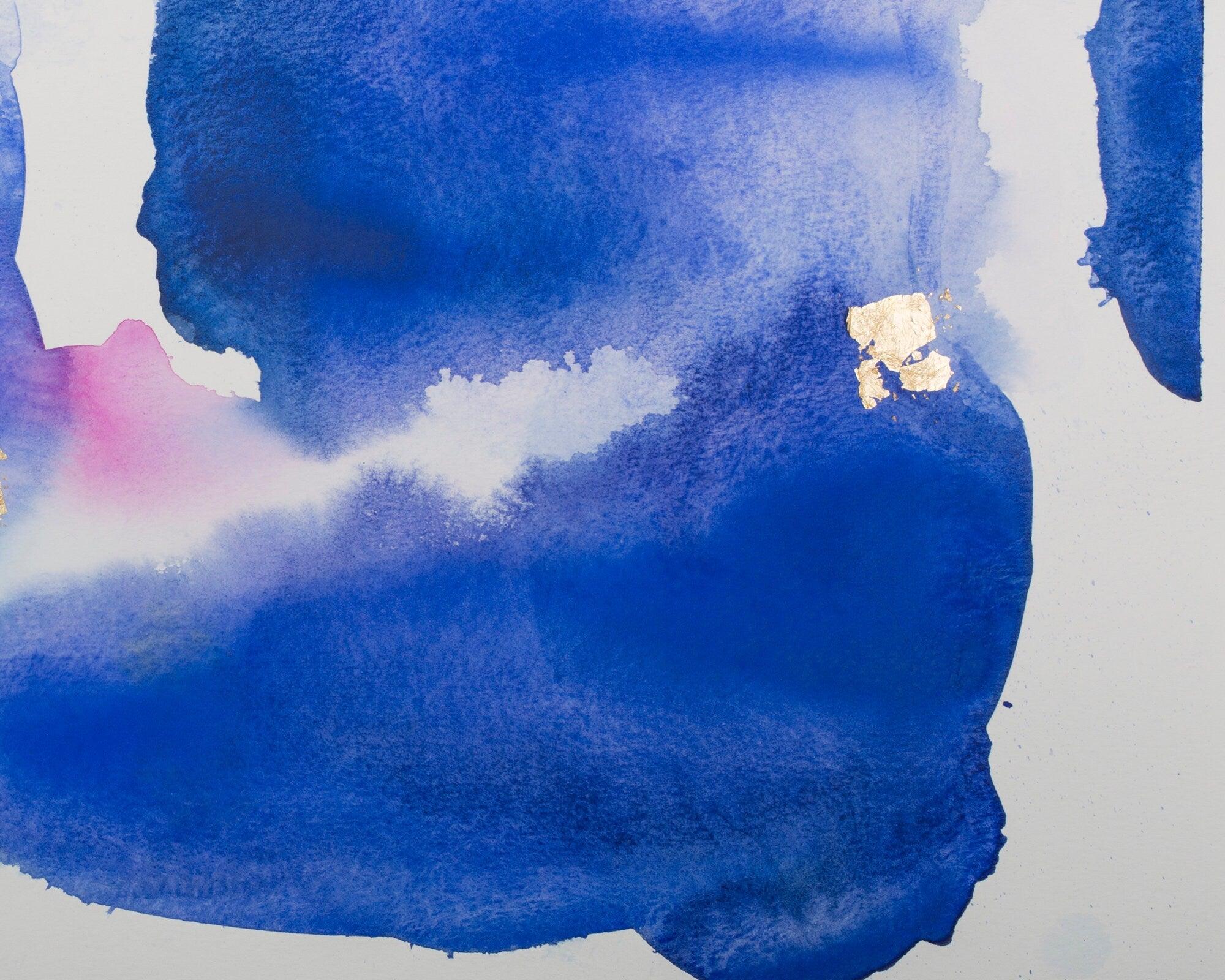Blue and Pink abstract watercolor original painting, Gold minimalist wall art, A3