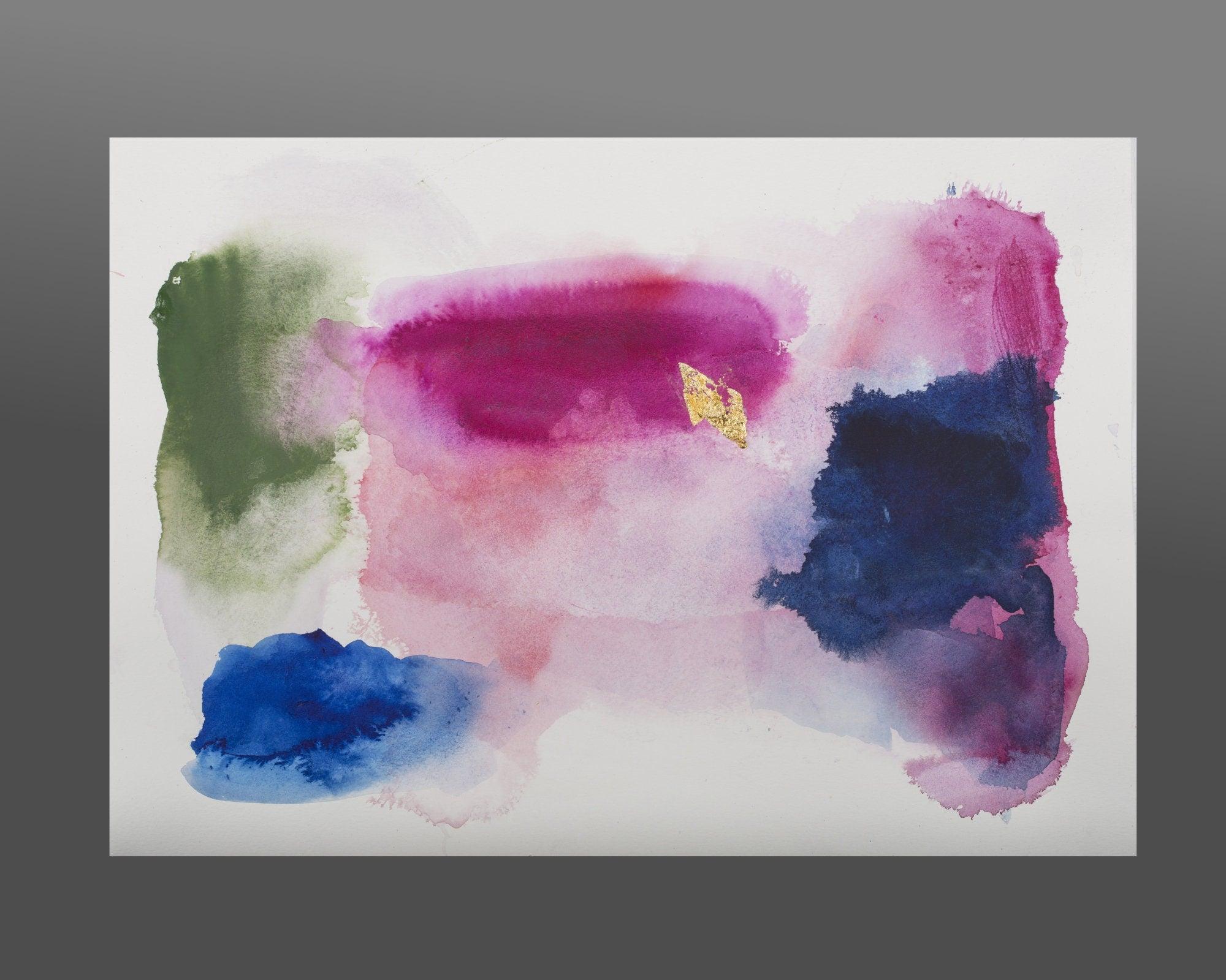 Pink and navy blue wall art original watercolor painting, Apartment glam decor gold leaf painting