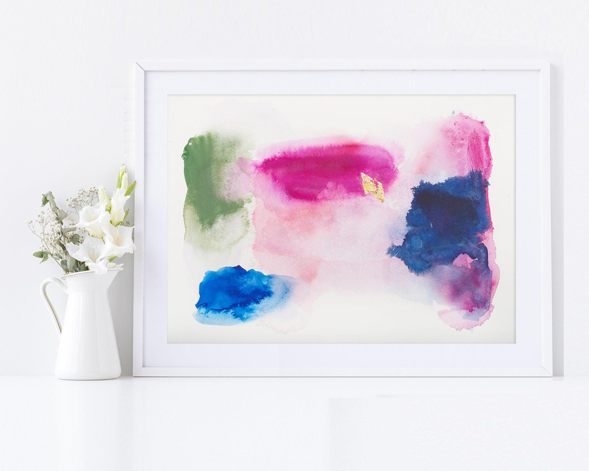 Pink and navy blue wall art original watercolor painting, Apartment glam decor gold leaf painting