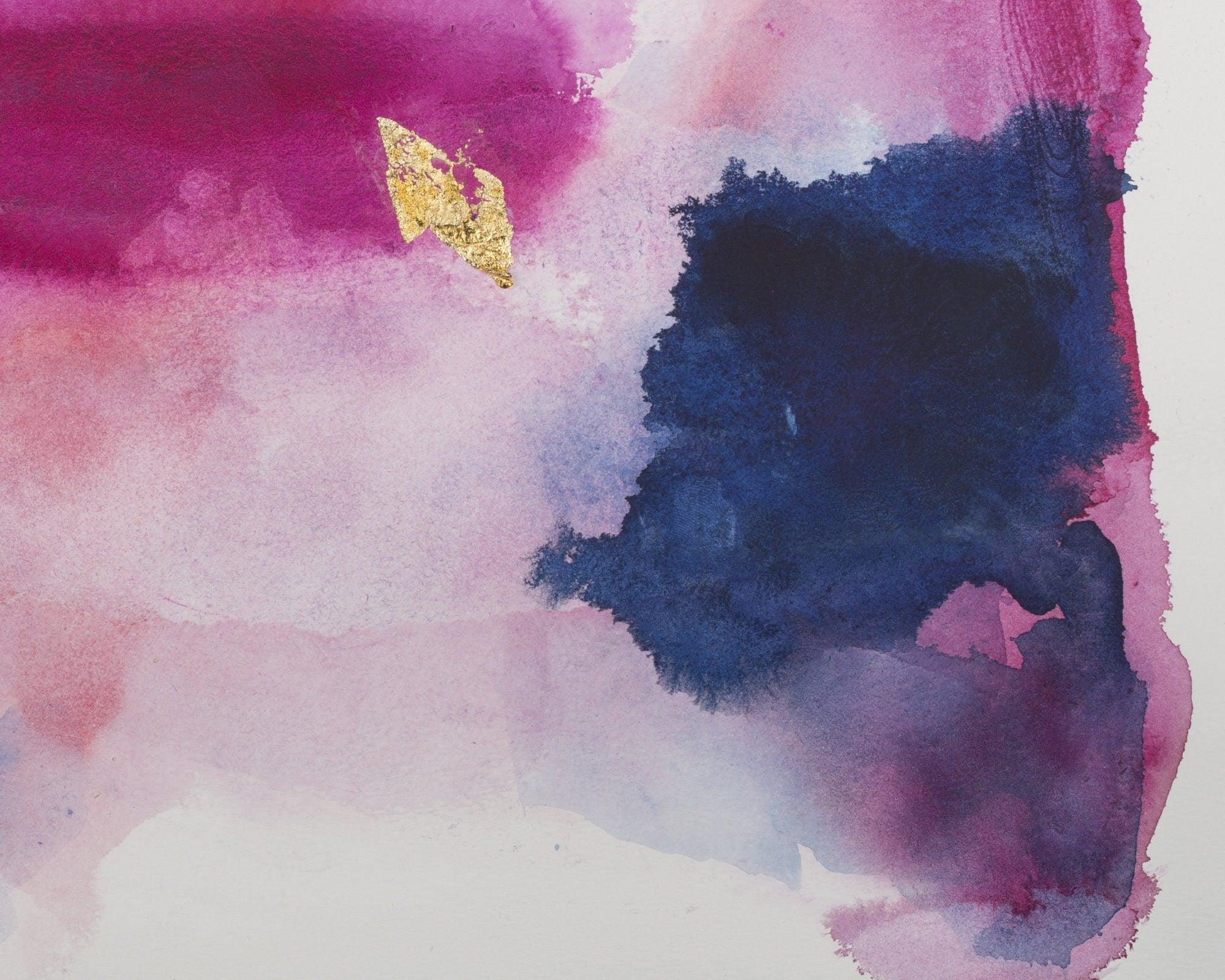 Pink and navy blue wall art original watercolor painting, Apartment glam decor gold leaf painting
