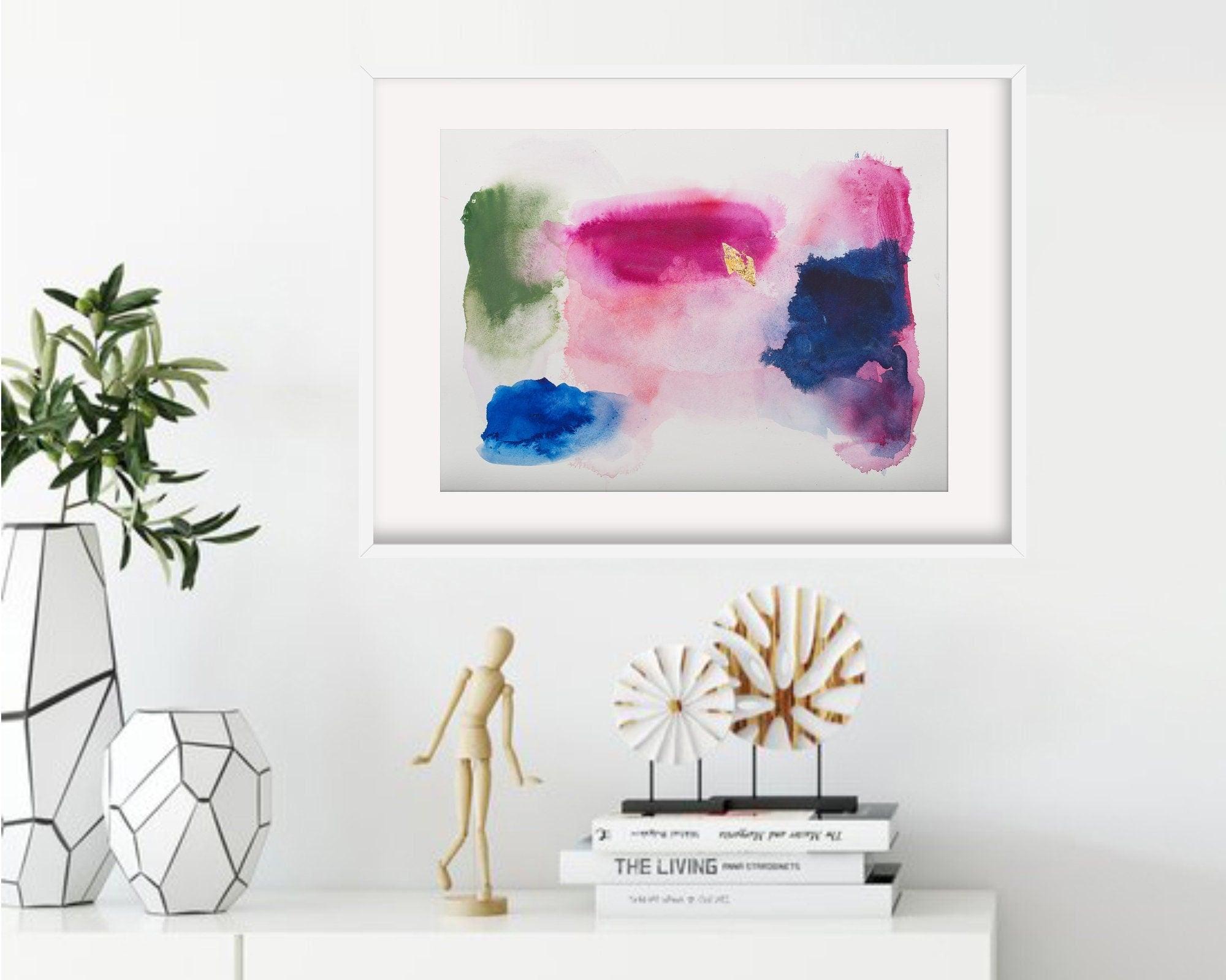 Pink and navy blue wall art original watercolor painting, Apartment glam decor gold leaf painting
