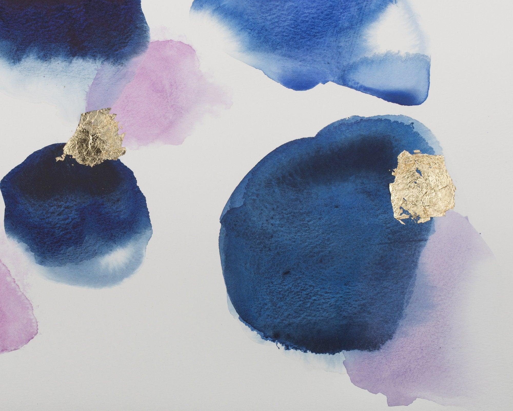 Deep indigo blue with gold leaf  original wall art watercolor painting, beautiful abstract decor painting