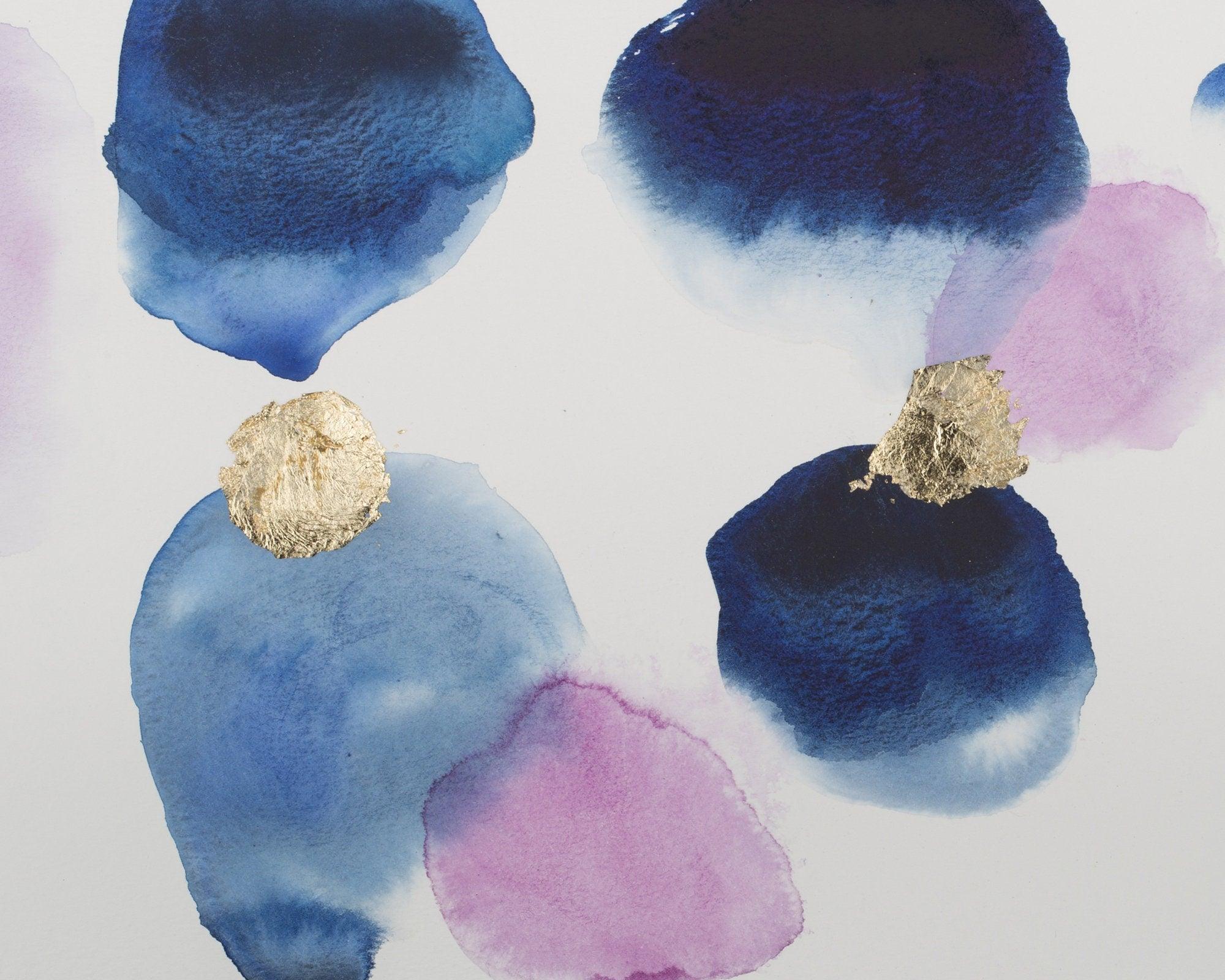 Deep indigo blue with gold leaf  original wall art watercolor painting, beautiful abstract decor painting
