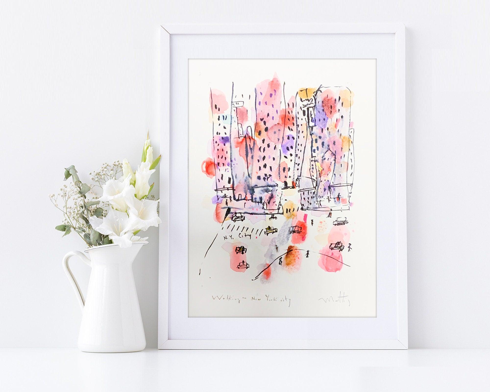 nyc wall art colorful watercolor painting print, A3, wall art print livingroom decor