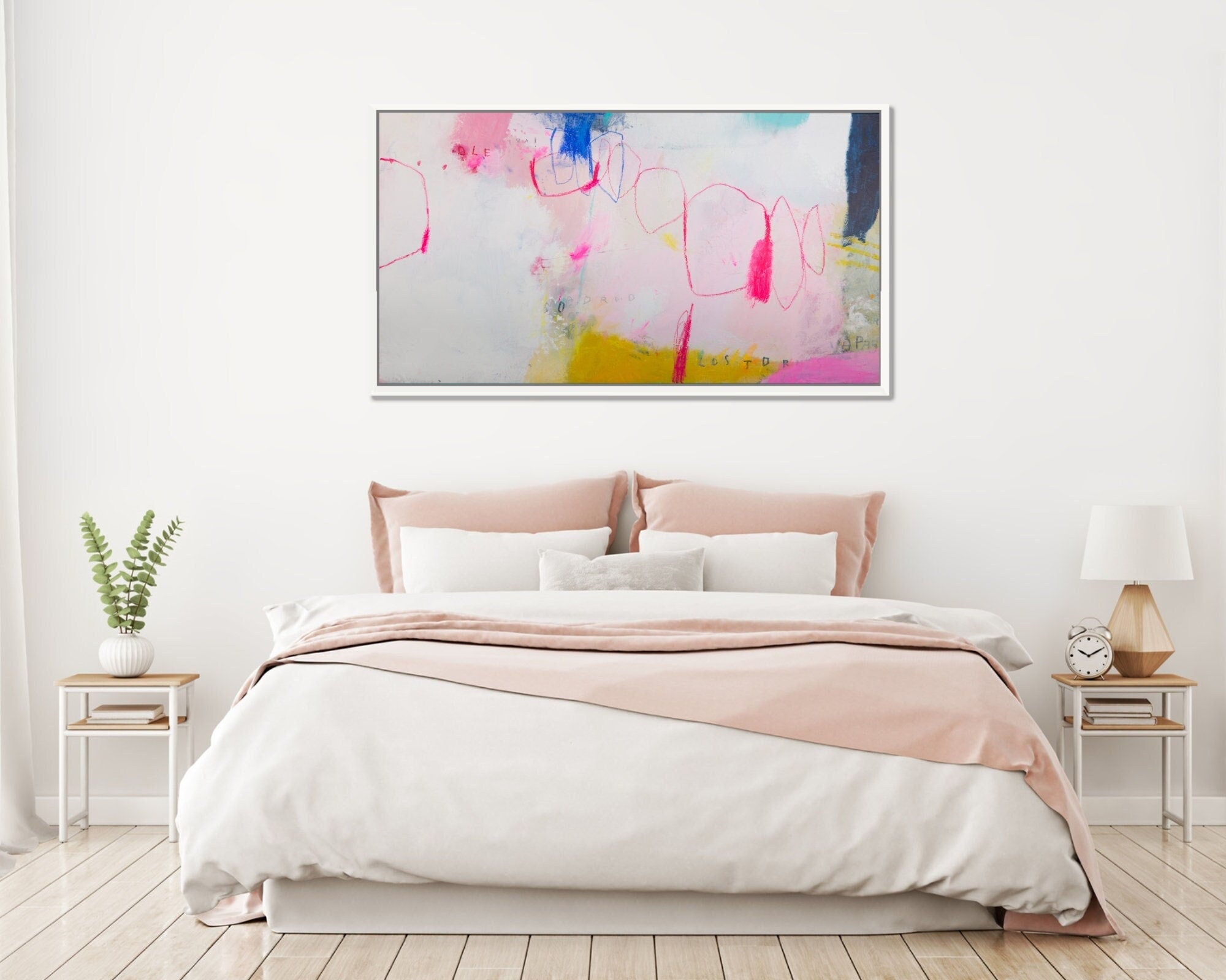 Original bunte abstrakte Malerei auf Leinwand, extra große Wandkunst hinter  dem Bett, Kunst, rosa, türkis