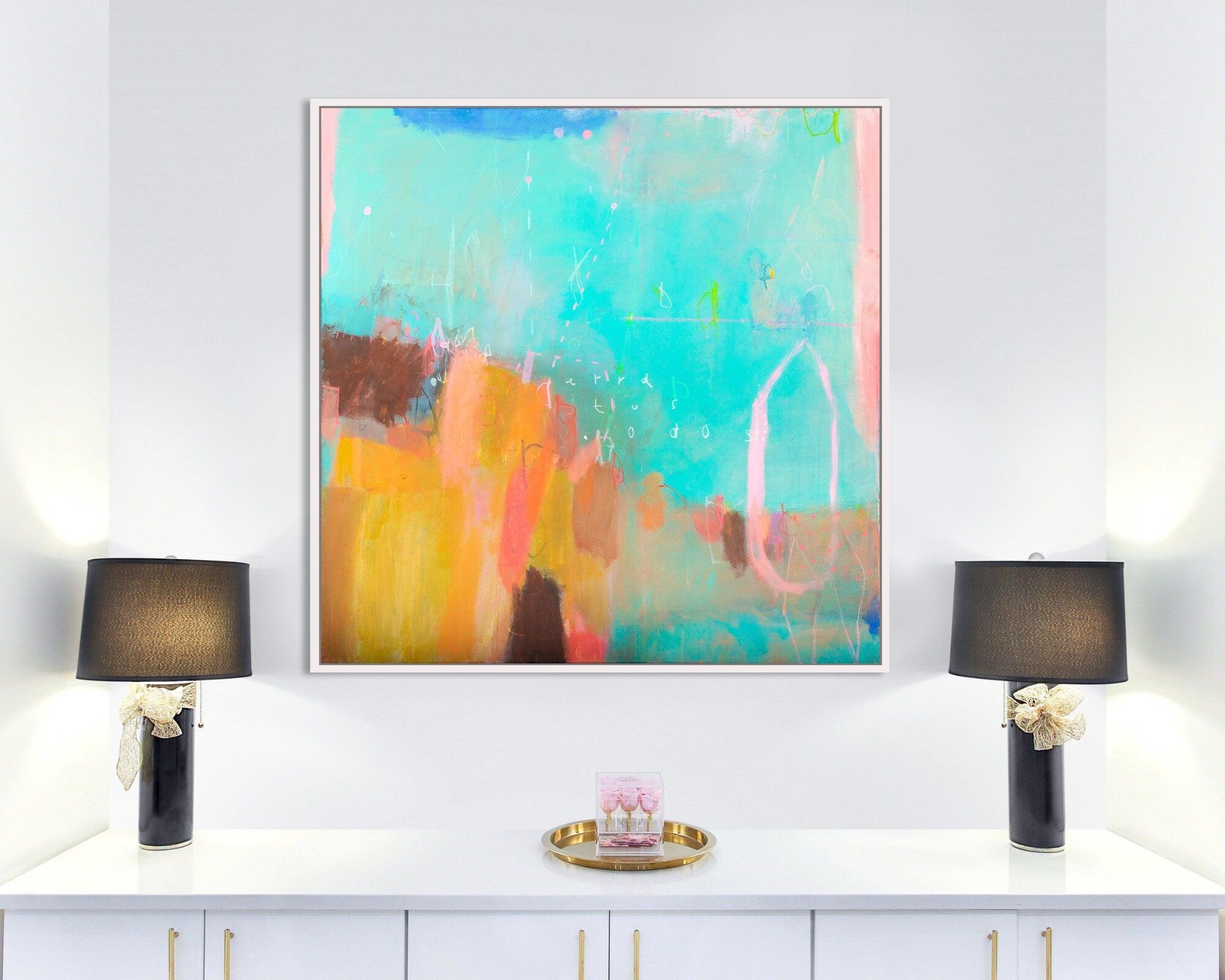 Teal Original apartment decor painting, living room designer inspired lighthouse art, nordic style living room decor