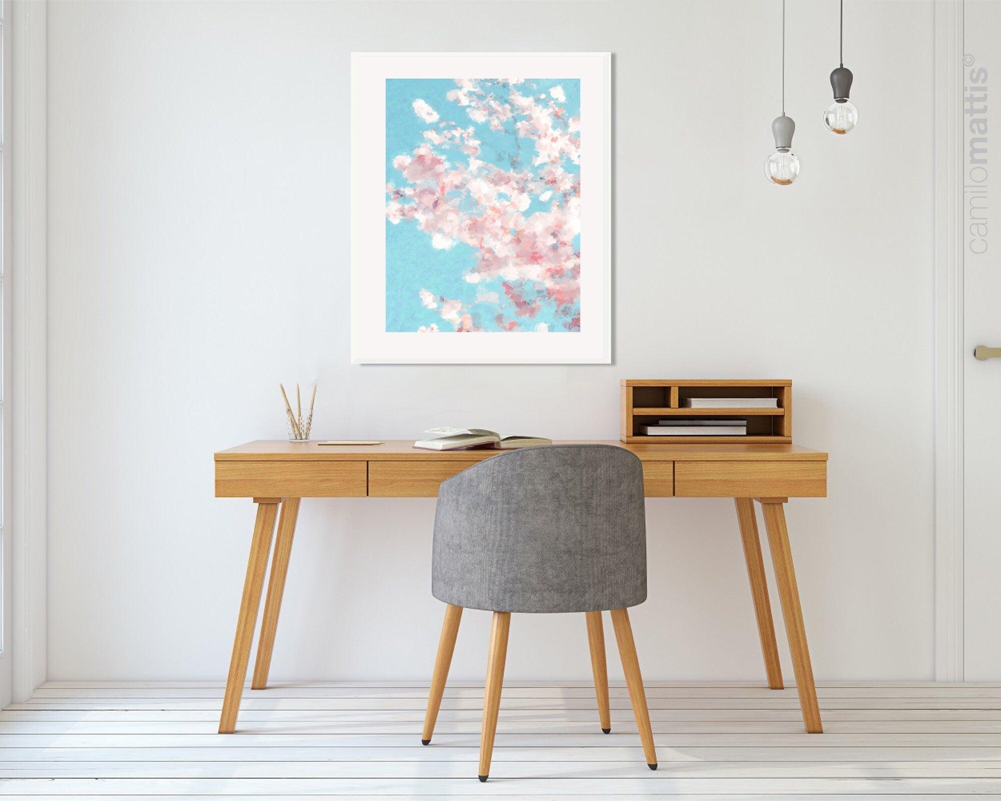 cherry blossom tree large abstract large wall art print, Light blue Art work for living room