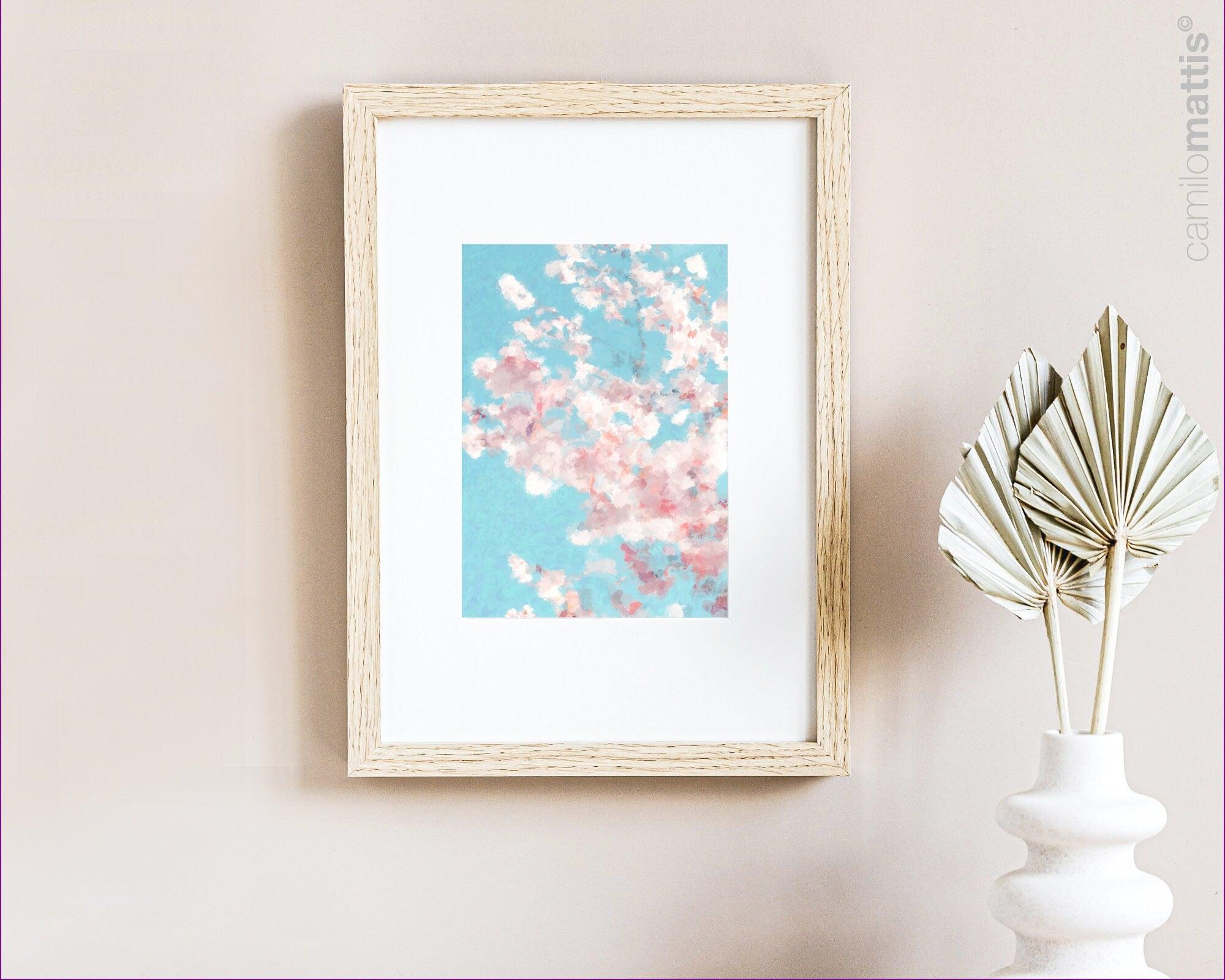 cherry blossom tree large abstract large wall art print, Light blue Art work for living room