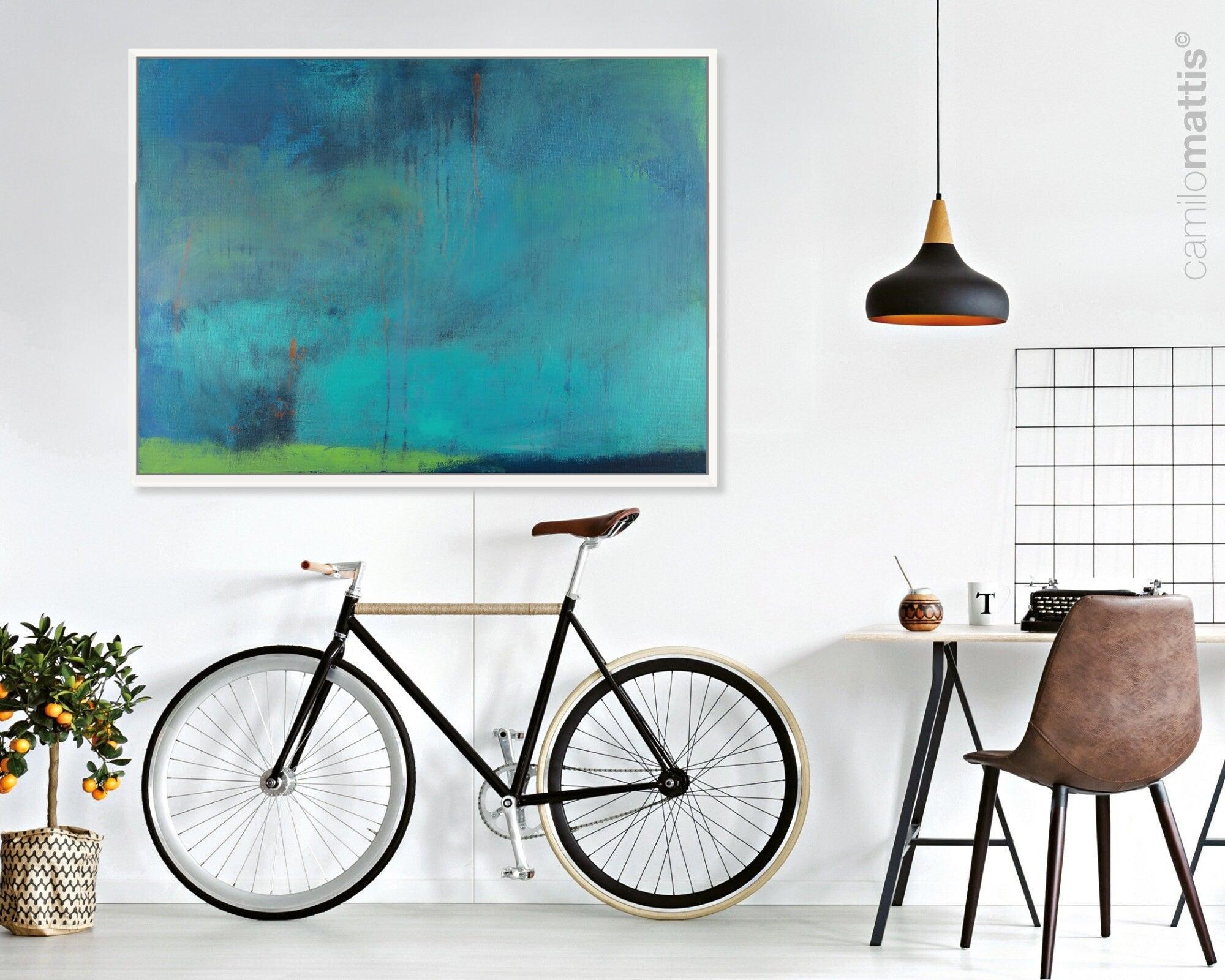 Teal wall art Abstract landscape painting - Art print room decor seascape