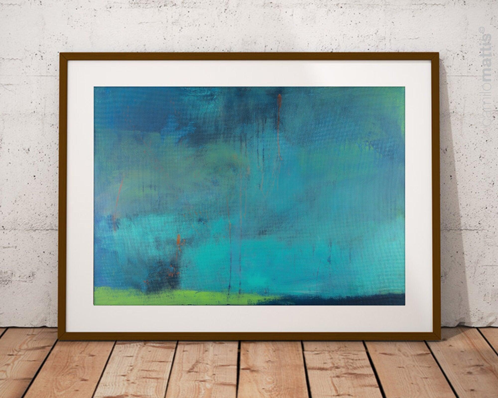 Teal wall art Abstract landscape painting - Art print room decor seascape