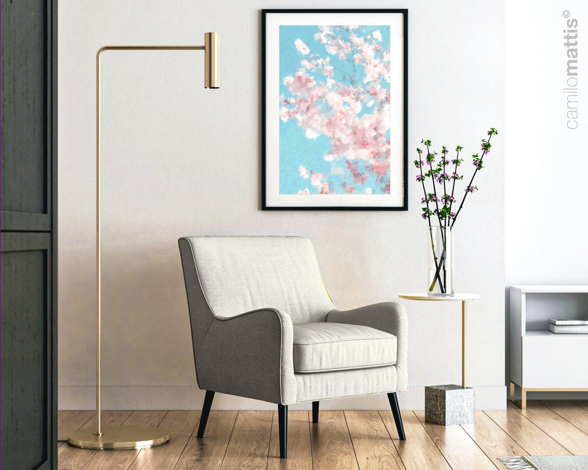 cherry blossom tree large abstract large wall art print, Light blue Art work for living room